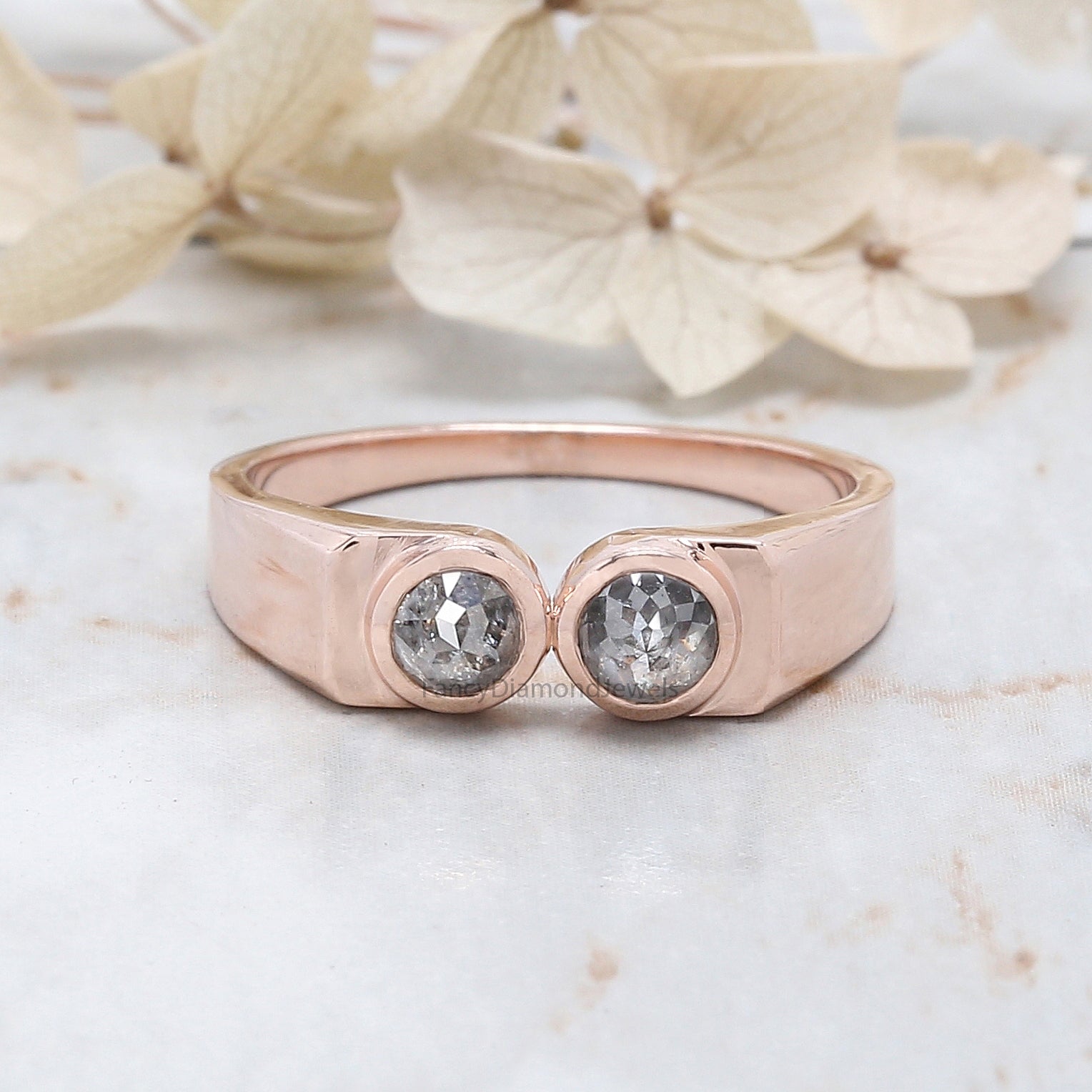 Round Rose Cut Salt And Pepper Diamond Band 0.98 Ct 4.55 MM Round Diamond Band 14K Rose Gold Silver Engagement Band Gift For Him QK2442