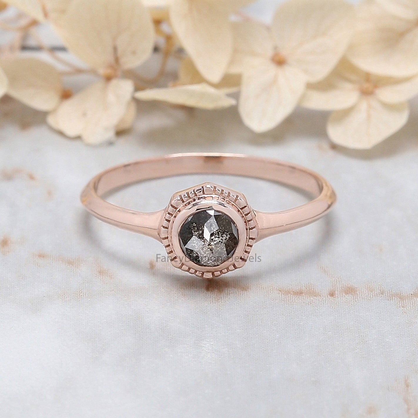 Round Rose Cut Salt And Pepper Diamond Ring, Salt And Pepper Rose Cut Diamond Engagement Ring, Rose Diamond Ring, Round Shape Ring KD1217
