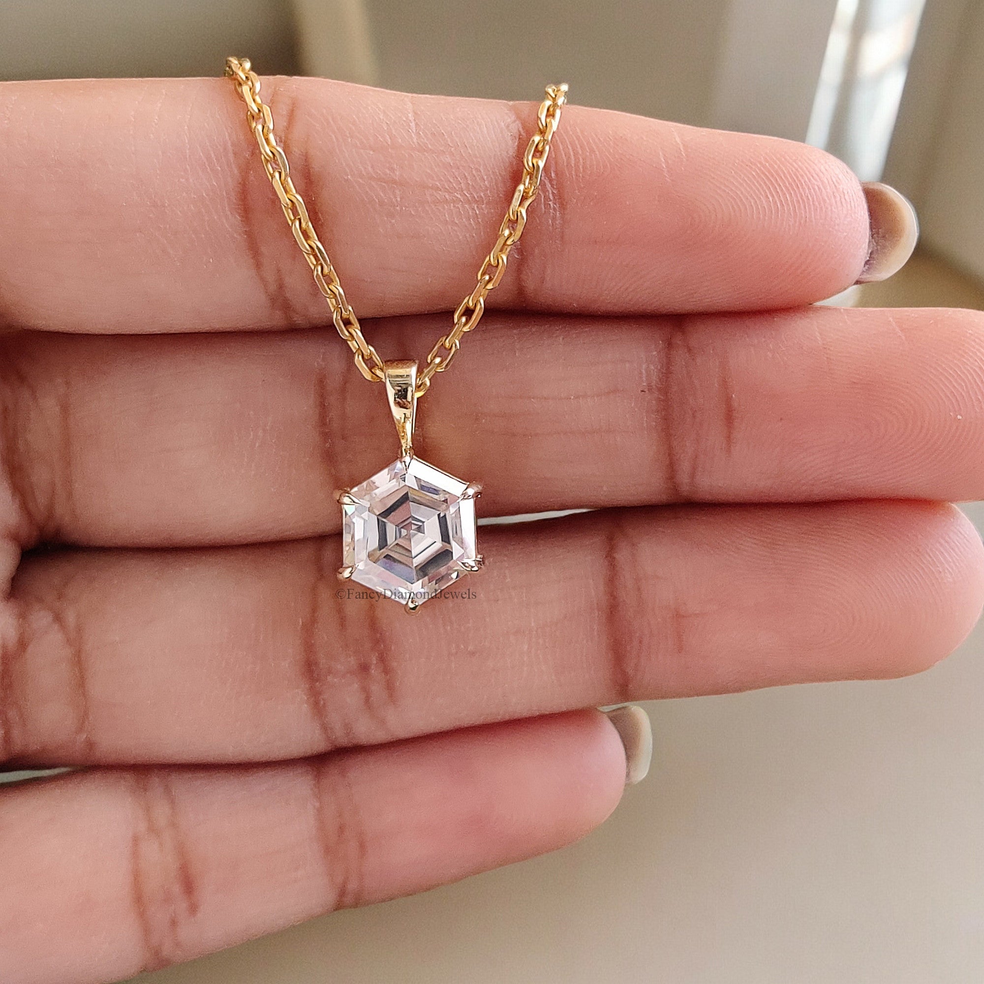Antique Moissanite Pendant 2.55 CT Hexagon Cut Yellow Gold Handmade Jewelry Six Pointed Claw Prong Setting Pendant Solitaire Pendant FD190