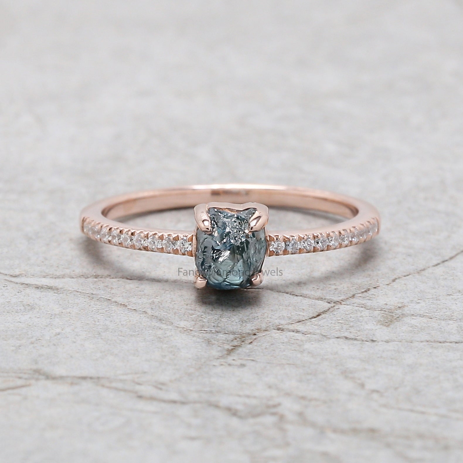 Rough Blue Color Diamond Ring 0.76 Ct 5.25 MM Crystal Rough Diamond Ring 14K Solid Rose Gold Silver Engagement Ring Gift For Her QLB2235
