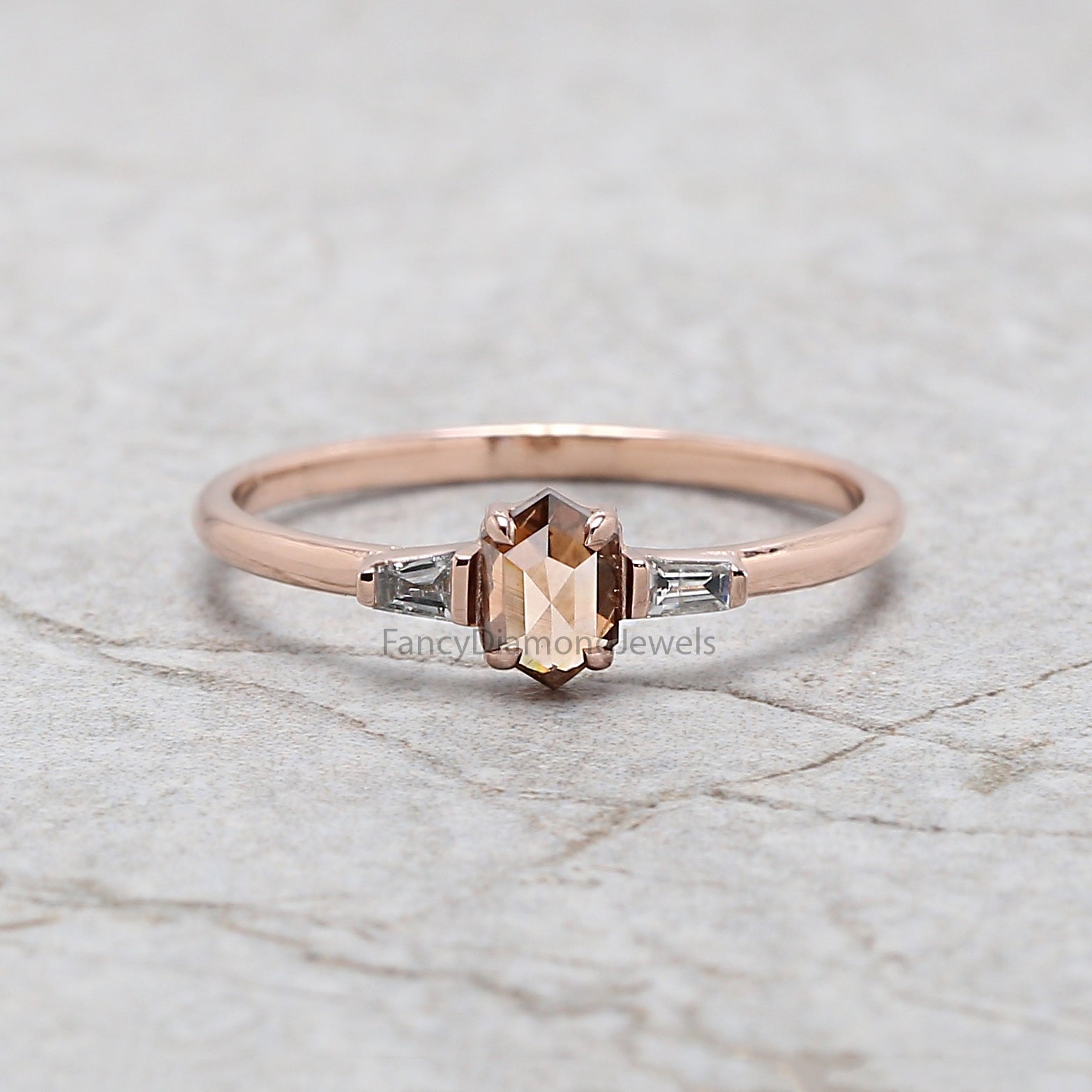 Hexagon Cut Brown Color Diamond Ring 0.37 Ct 5.30 MM Hexagon Shape Diamond Ring 14K Rose Gold Silver Engagement Ring Gift For Her QK2317