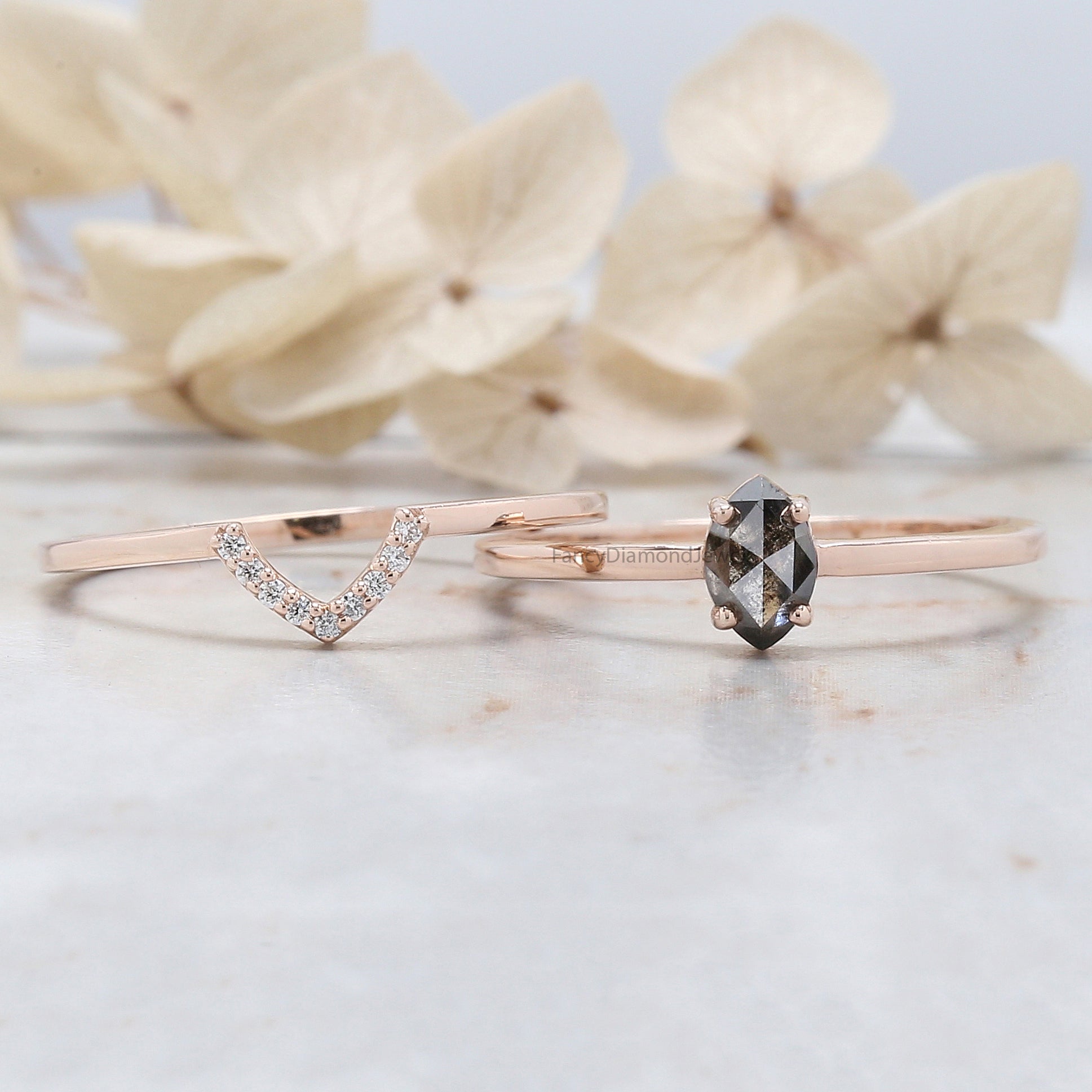 Marquise Salt And Pepper Diamond Ring, Salt And Pepper Marquise Diamond Engagement Ring, Marquise Cut Ring, Marquise Bridal Ring Set, KD1130