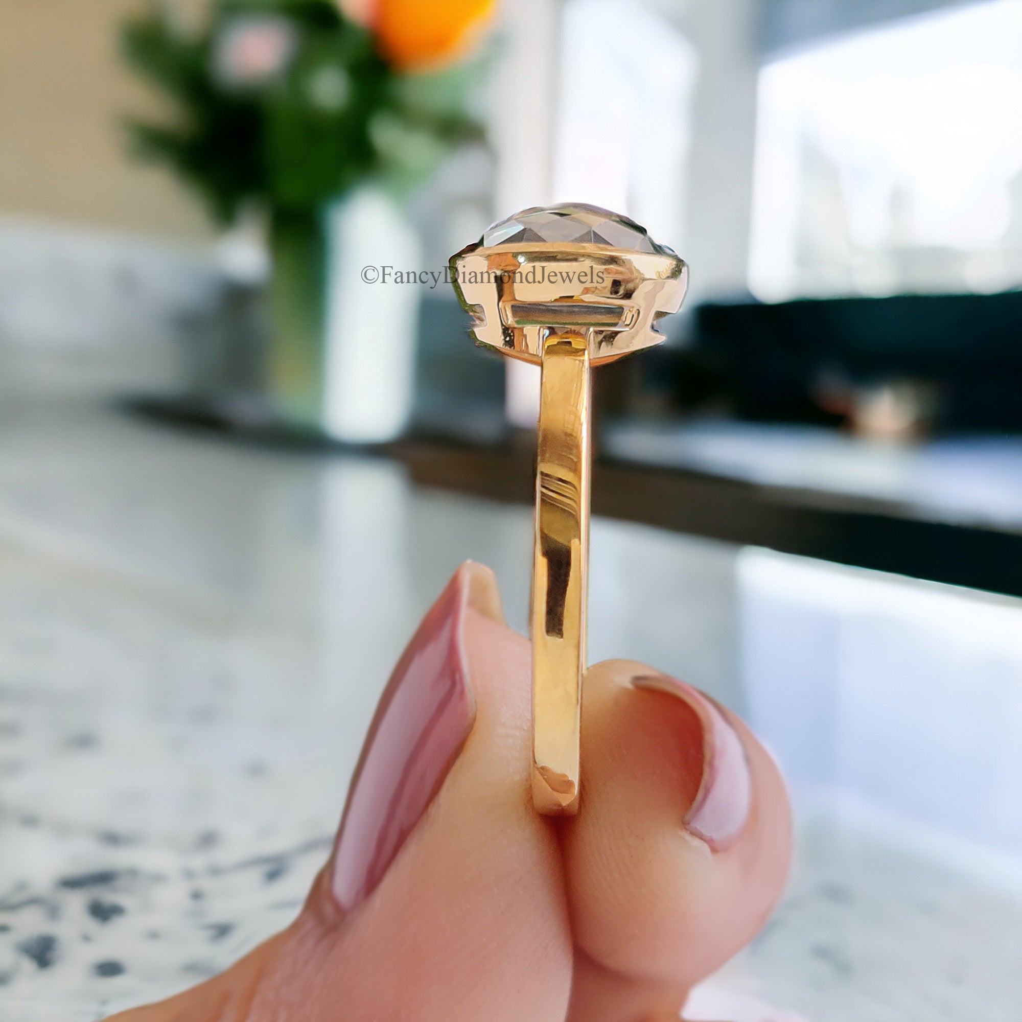 Round Rose Cut Moissanite Bezel Set Engagement Ring 2.35 ct Blue Green Moissanite Round Rose Cut Yellow Gold Silver Ring Gift For Her FD55