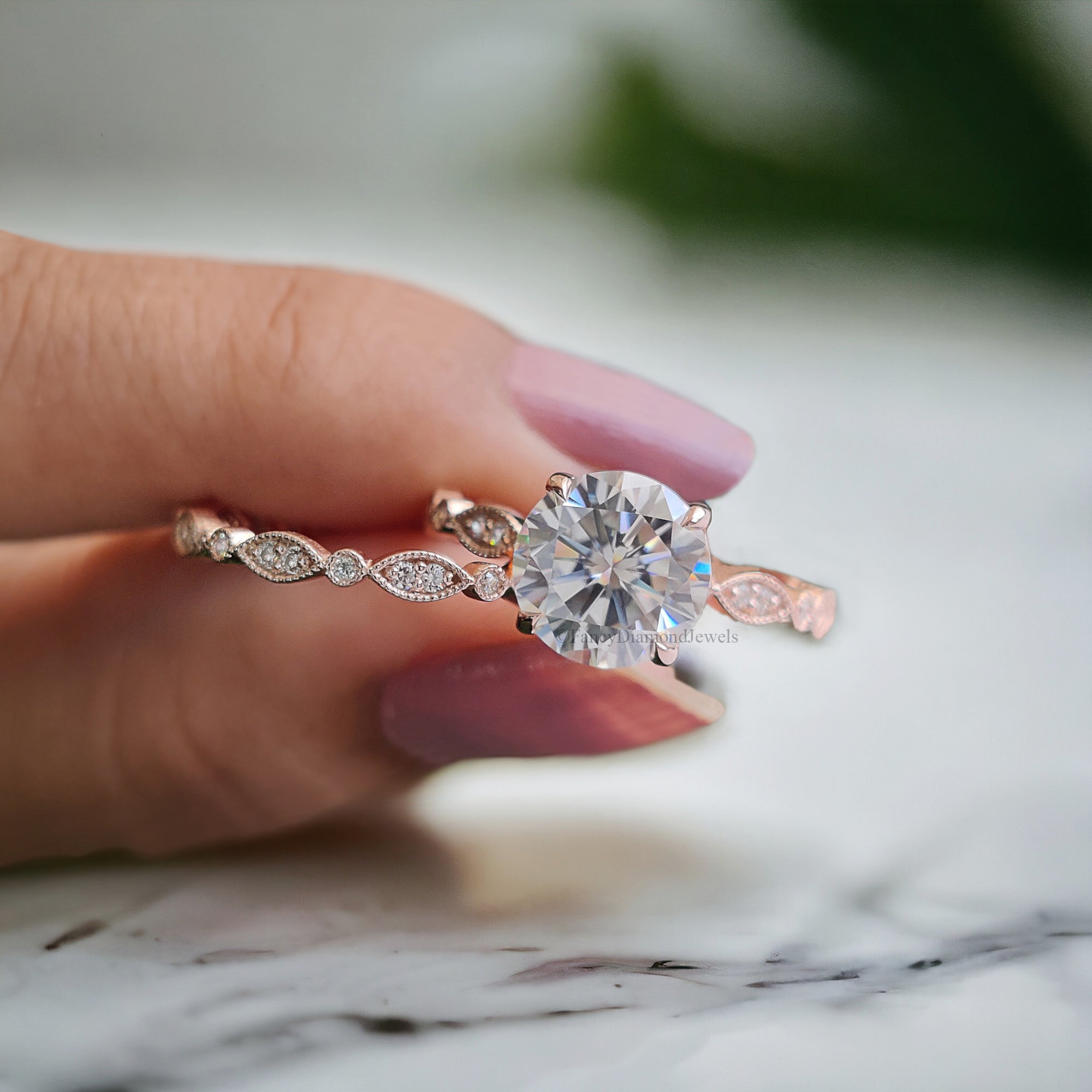 Wedding Ring Set Moissanite Rose Gold Engagement Ring Round 8.00 MM Moissanite Ring Diamond Milgrain Band Solitaire Ring Promise Ring FD130
