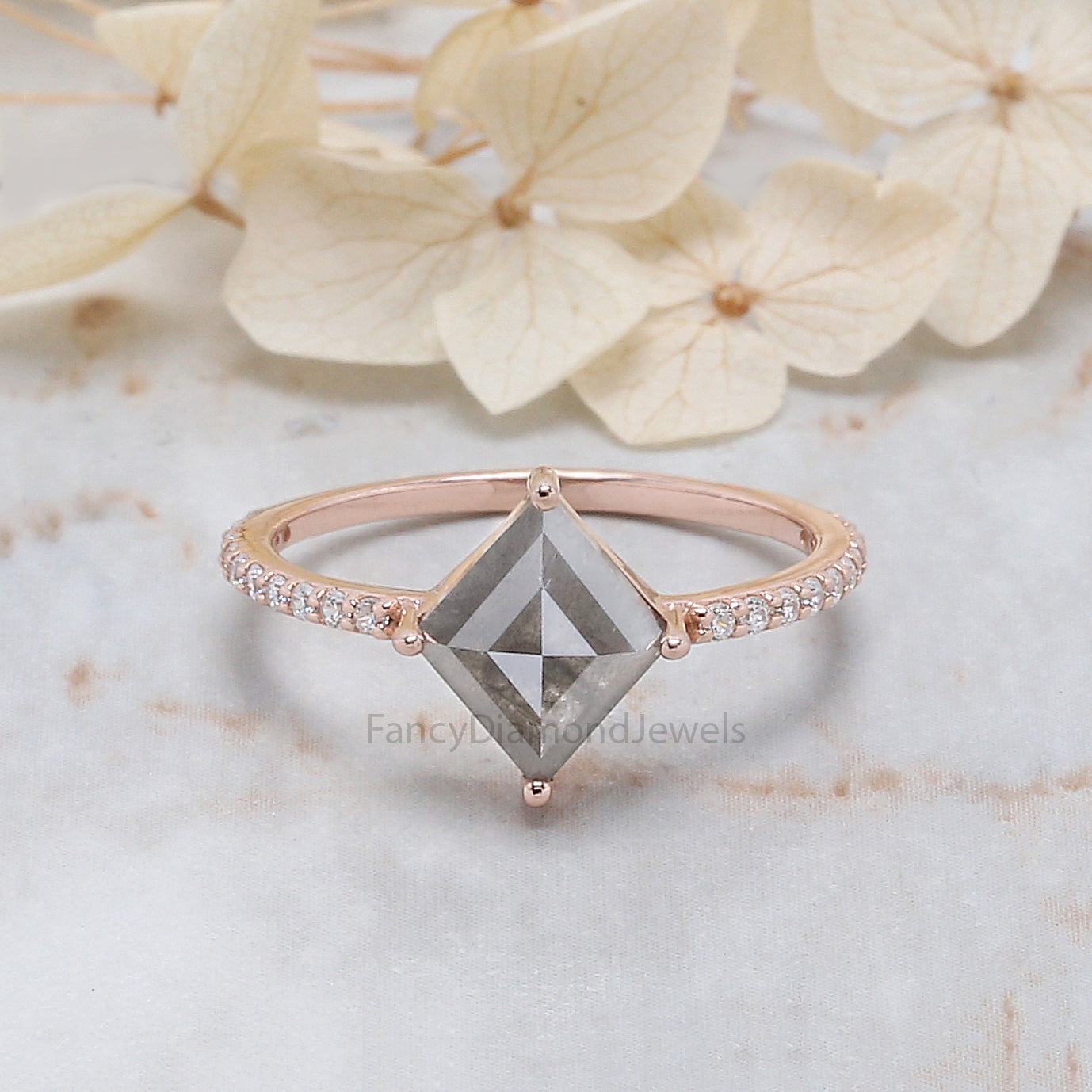 Kite Cut Salt And Pepper Diamond Ring 1.50 Ct 9.60 MM Kite Diamond Ring 14K Solid Rose Gold Silver Kite Engagement Ring Gift For Her QK2049