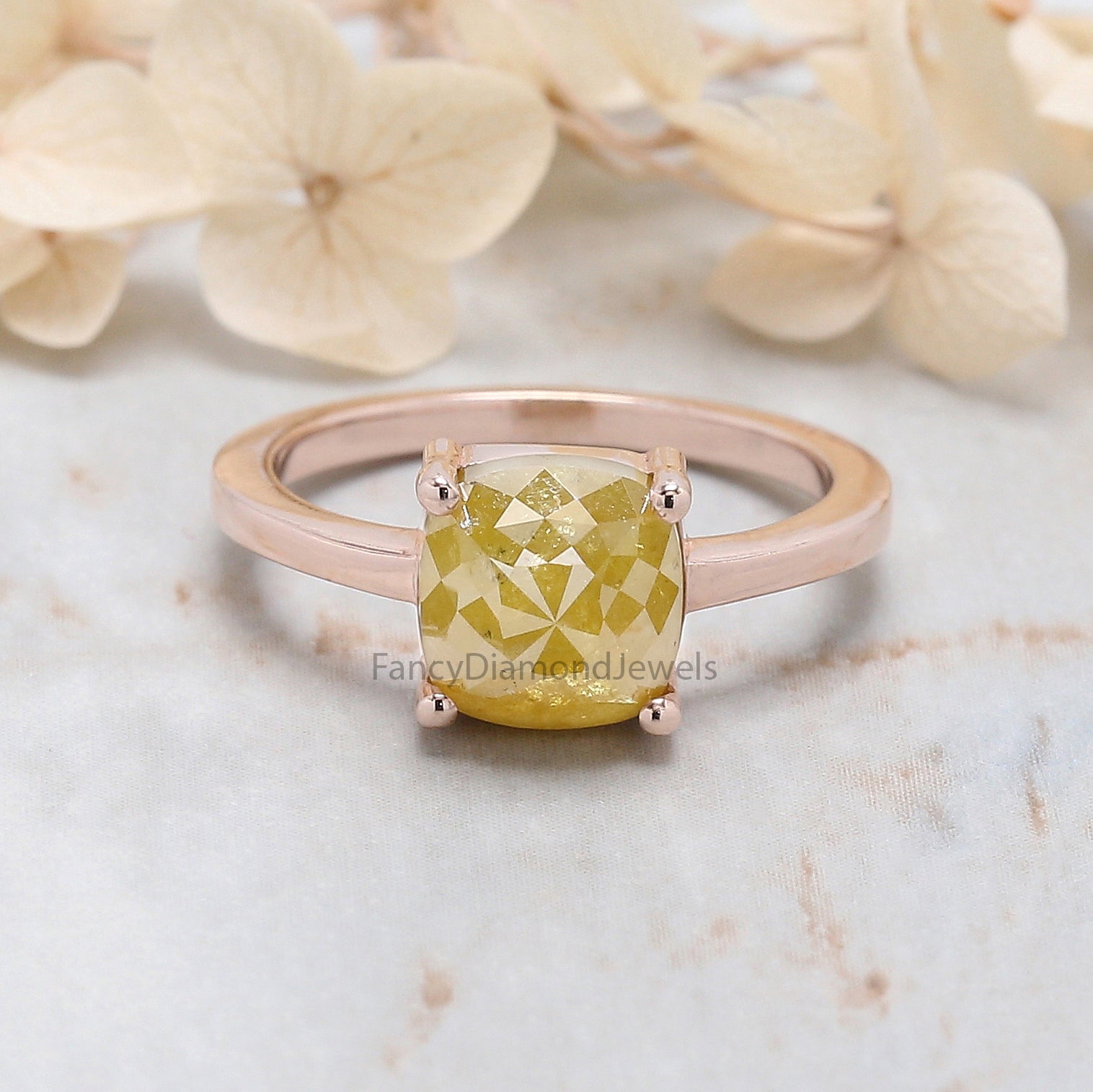 Cushion Shape Yellow Color Diamond Ring 2.94 Ct 7.70 MM Cushion Diamond Ring 14K Solid Rose Gold Silver Engagement Ring Gift For Her QL6112