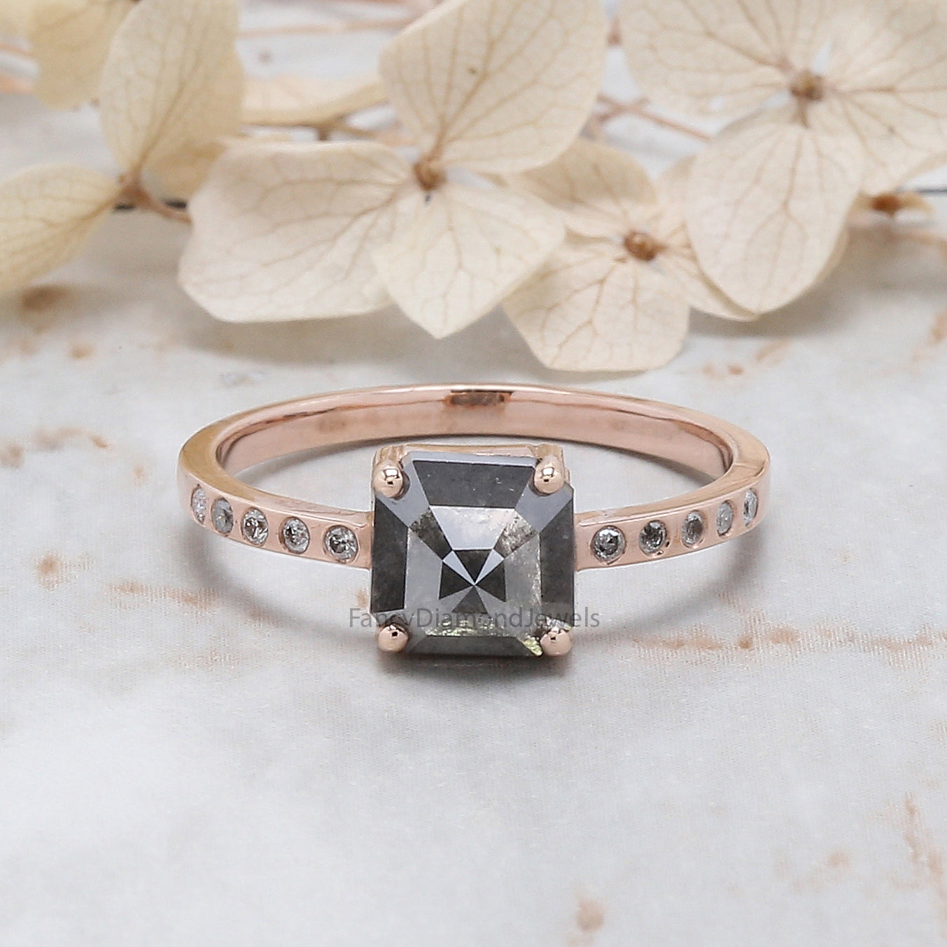 Emerald Cut Salt And Pepper Diamond Ring 1.33 Ct 6.95 MM Emerald Diamond Ring 14K Solid Rose Gold Silver Engagement Ring Gift For Her QL3029