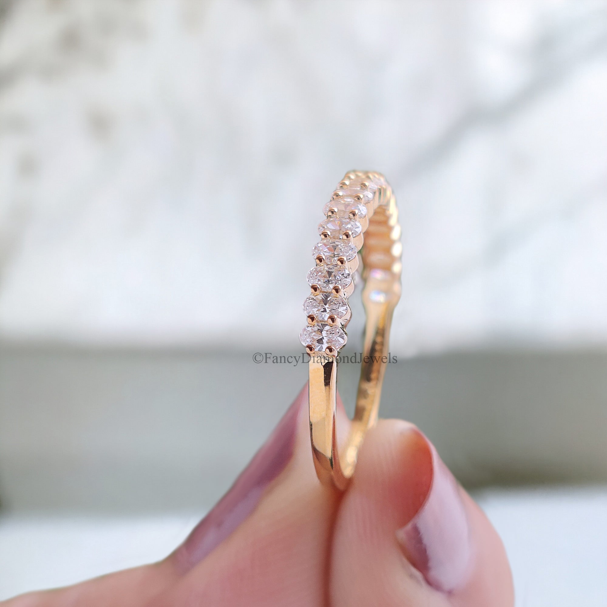 Oval cut Moissanite wedding band women yellow gold Unique Half eternity wedding band vintage Stacking Matching bridal gift for her FD131