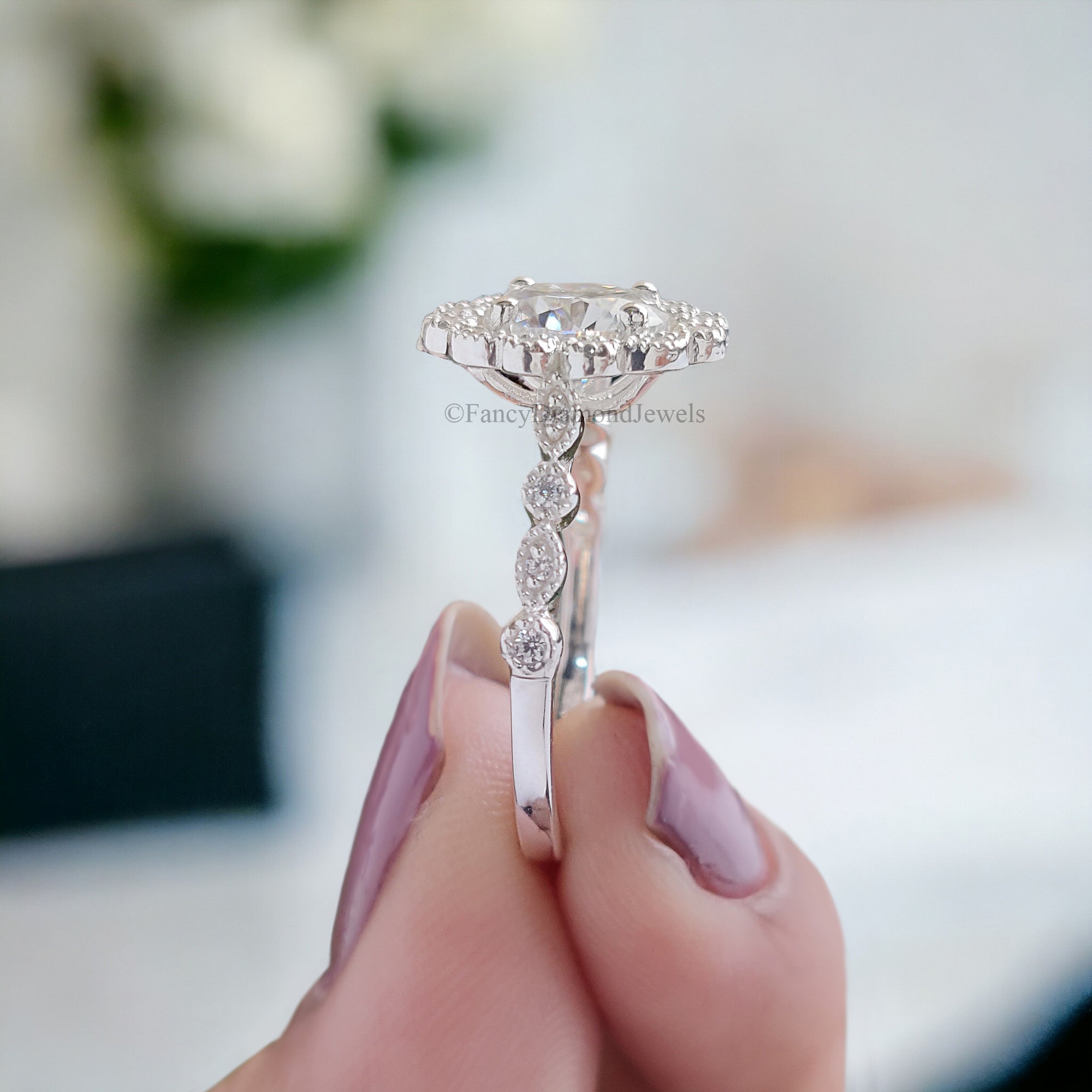 Round Cut Moissanite Engagement Ring Halo Milgrain Engagement Ring Handmade Jewelry White Gold Wedding Ring Surprise Gifts for Her FD124