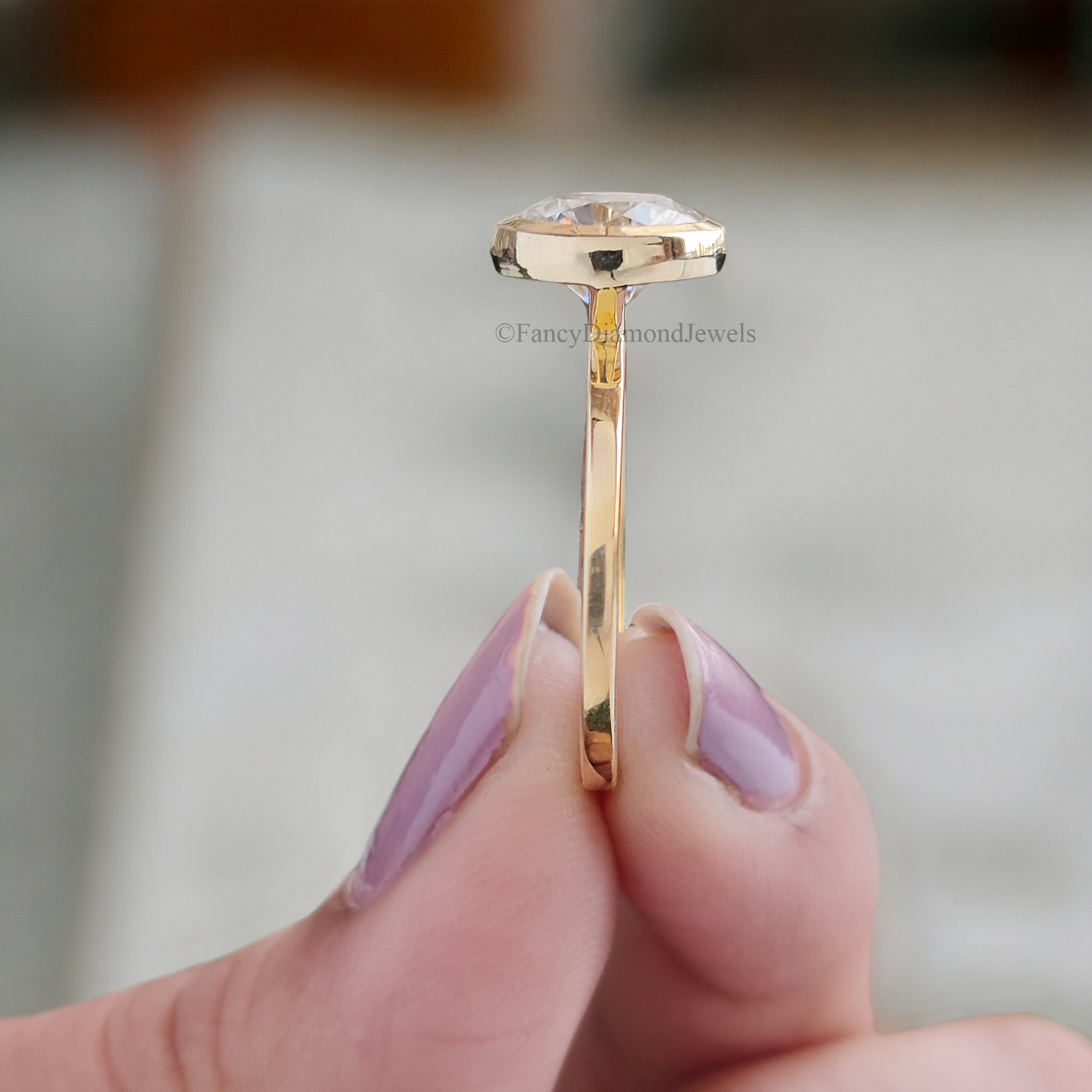 Unique 8 MM Round Heart and Arrows Cut Colorless Moissanite Bezel Set Ring Solitaire Engagement Ring Flat Comfort Fit Band Bridal Set FD113