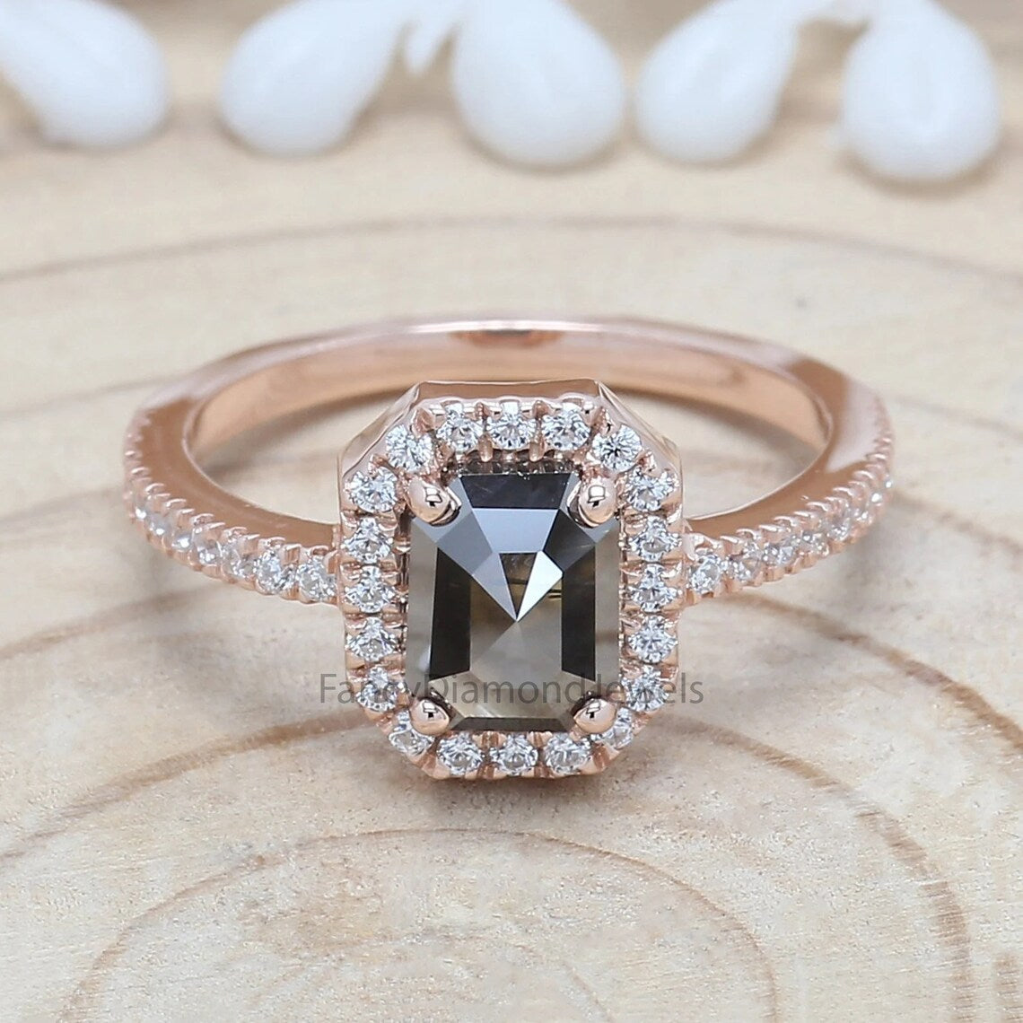 Emerald Cut Black Color Diamond Ring 1.38 Ct 7.00 MM Emerald Diamond Ring 14K Solid Rose Gold Silver Engagement Ring Gift For Her QK2087