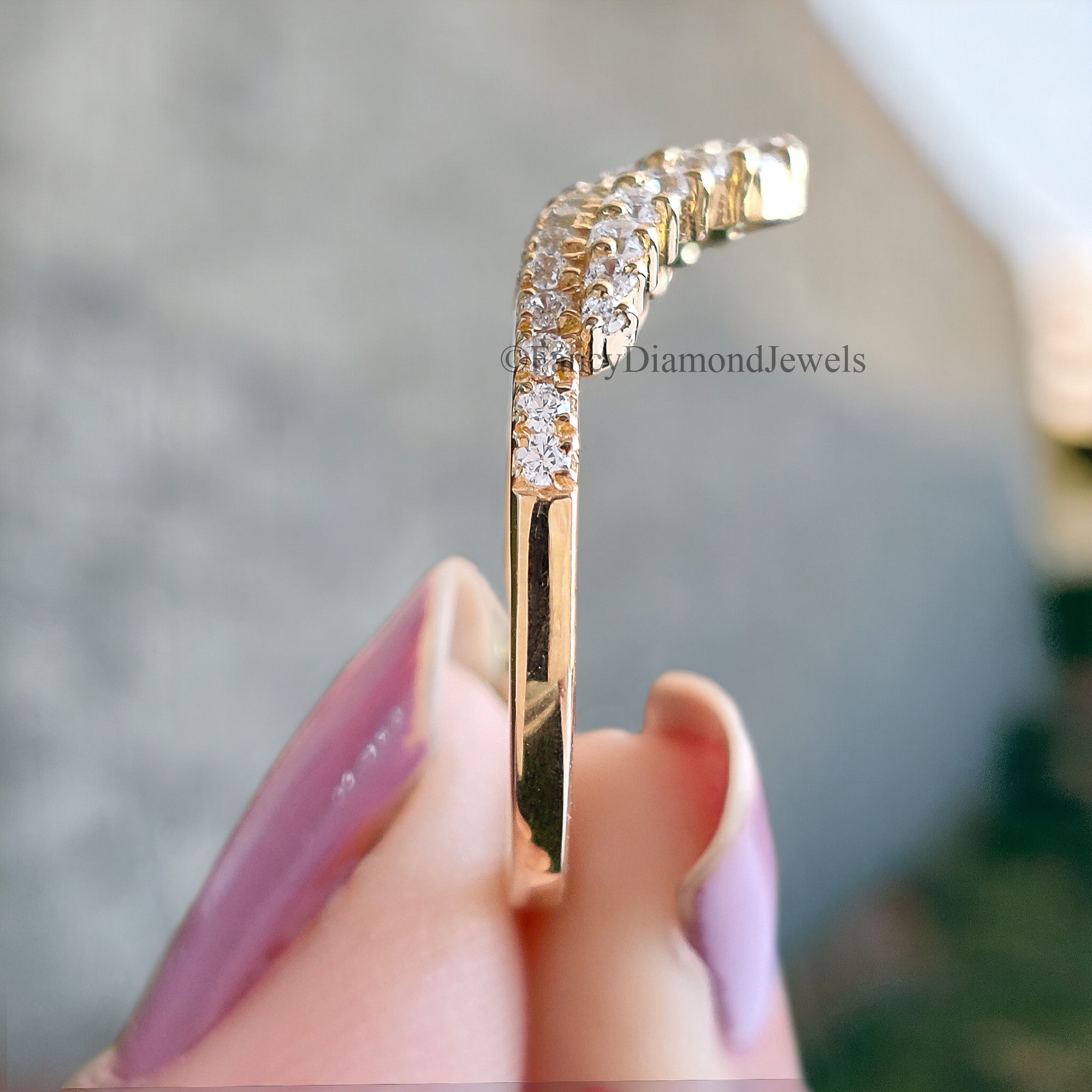 Vintage Diamond wedding band Yellow gold Round cut moissanite matching band Stacking Band curved wedding band Unique Anniversary ring FD41