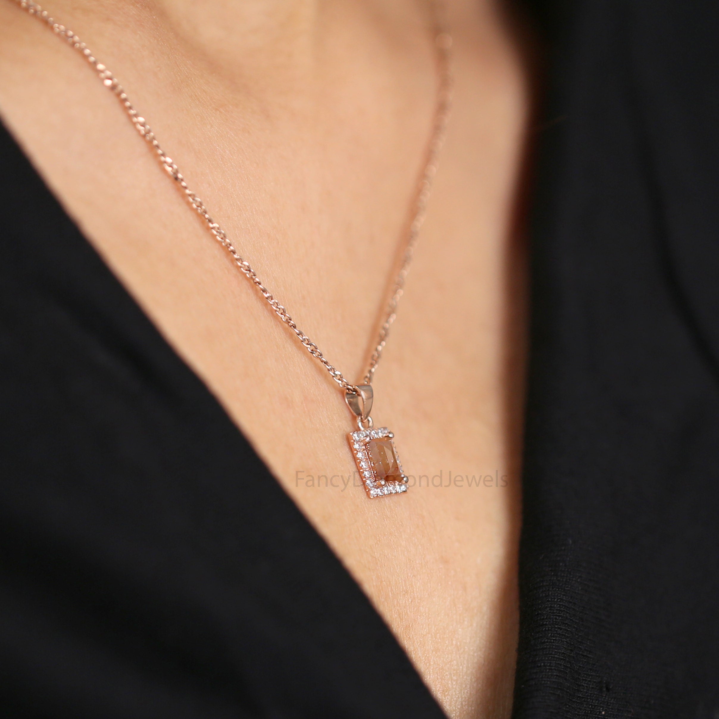 Baguette Brown Color Diamond Pendant 0.81 Ct 6.20 MM Baguette Shape Diamond Pendant 14K Solid Rose Gold Silver Engagement Pendant QN8980