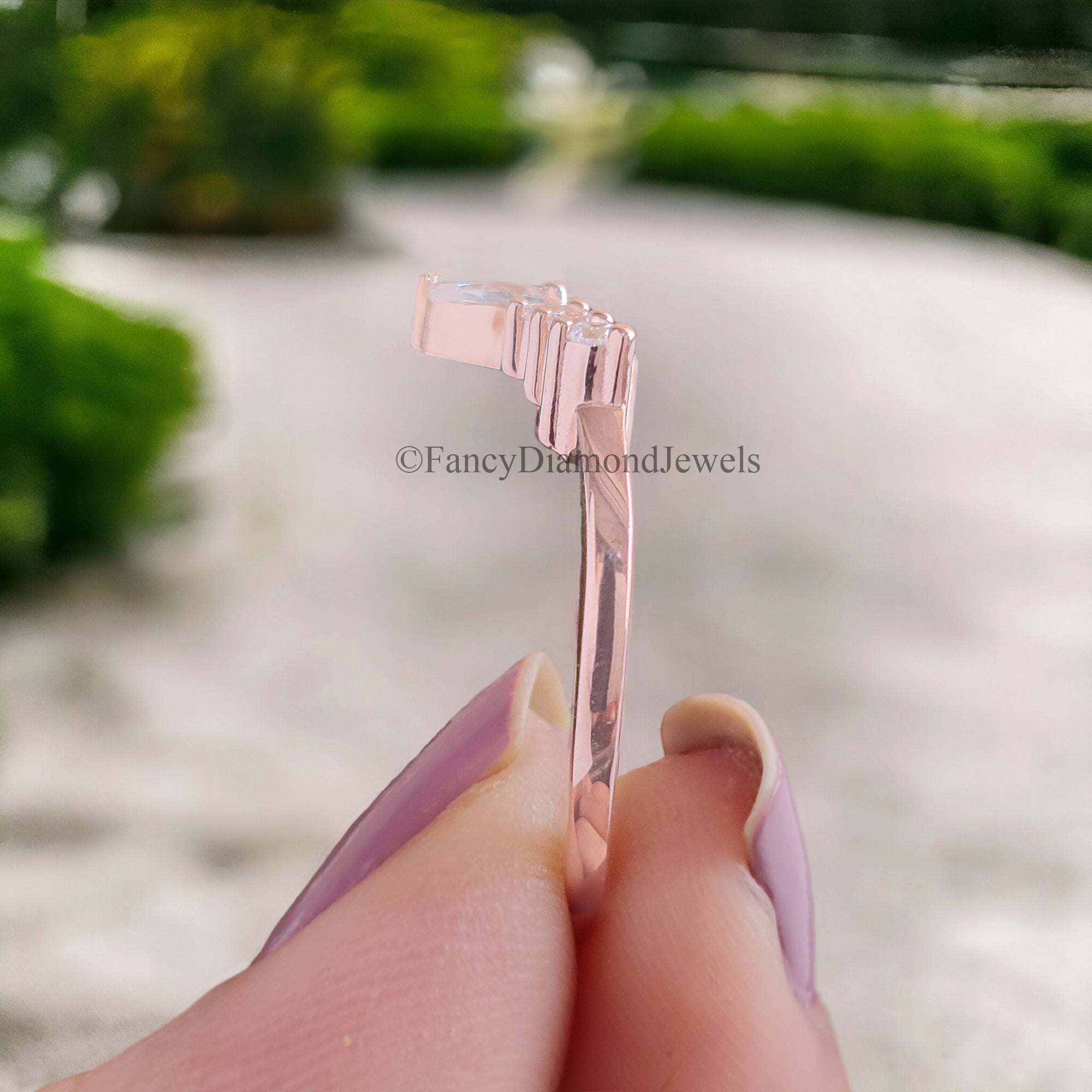 Curved Wedding Band Antique Moissanite Ring Pear cut Moissanite Wedding Band Rose Gold Unique Matching ring Anniversary dainty band FD60