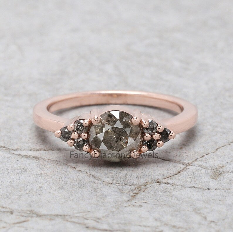 1.04 Ct Natural Round Shape Salt And Pepper Diamond Ring 6.22 MM Round Cut Diamond Ring 14K Solid Rose Gold Silver Engagement Ring QN2192