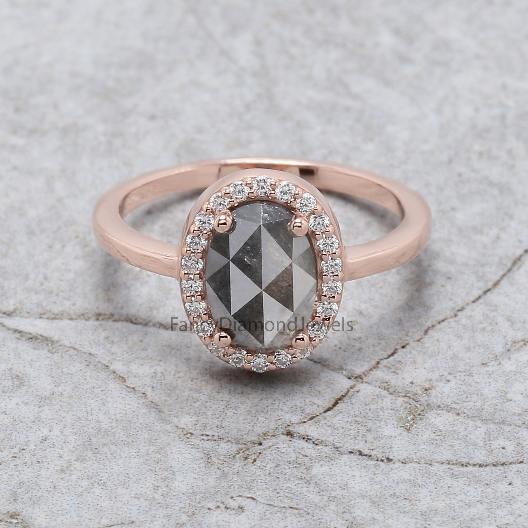 Oval Cut Salt And Pepper Diamond Ring 1.60 Ct 8.91 MM Oval Diamond Ring 14K Solid Rose Gold Silver Oval Engagement Ring Gift For Her QL2123
