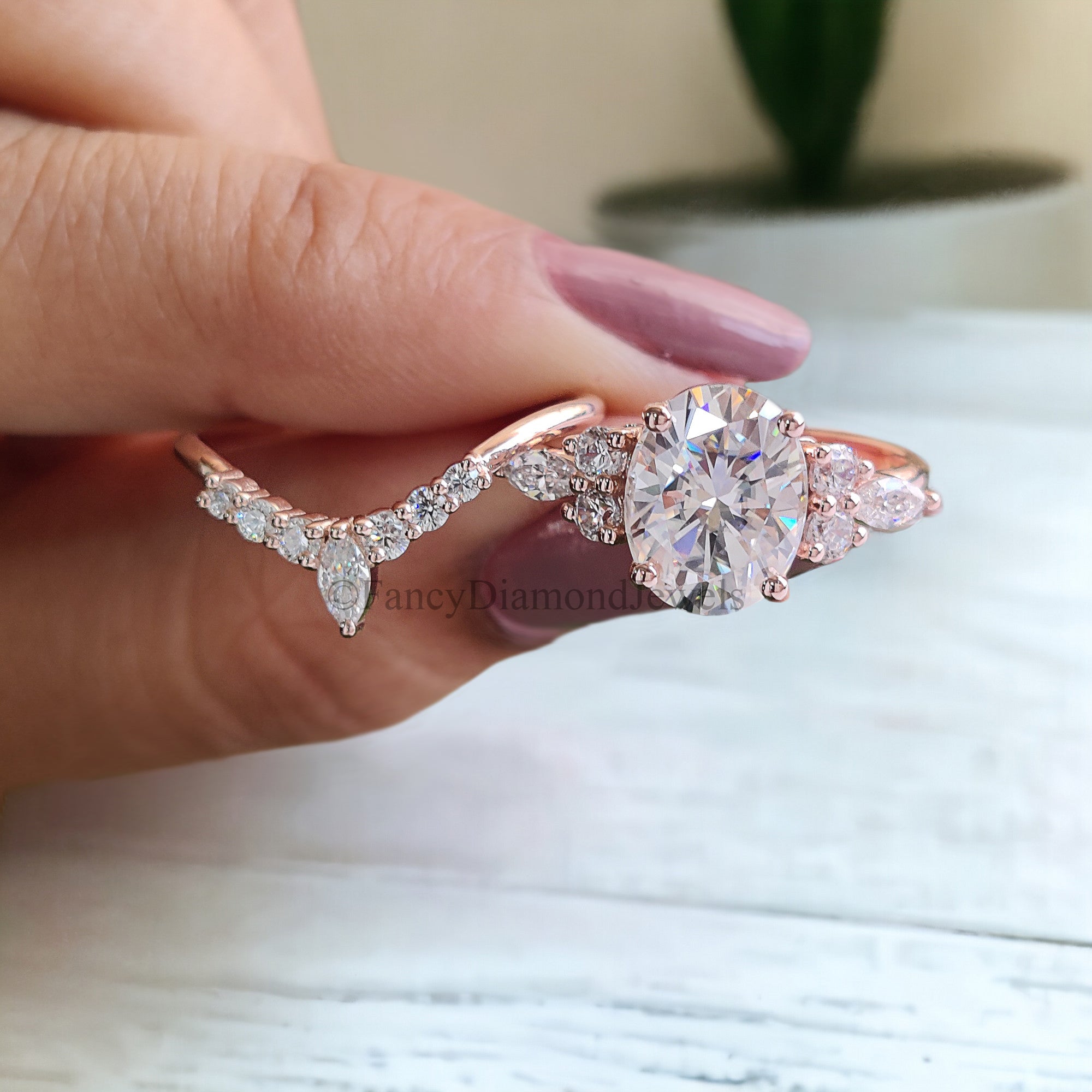 Oval Moissanite engagement ring set vintage unique rose gold engagement ring women Marquise Cluster ring wedding Bridal Promise ring FD119