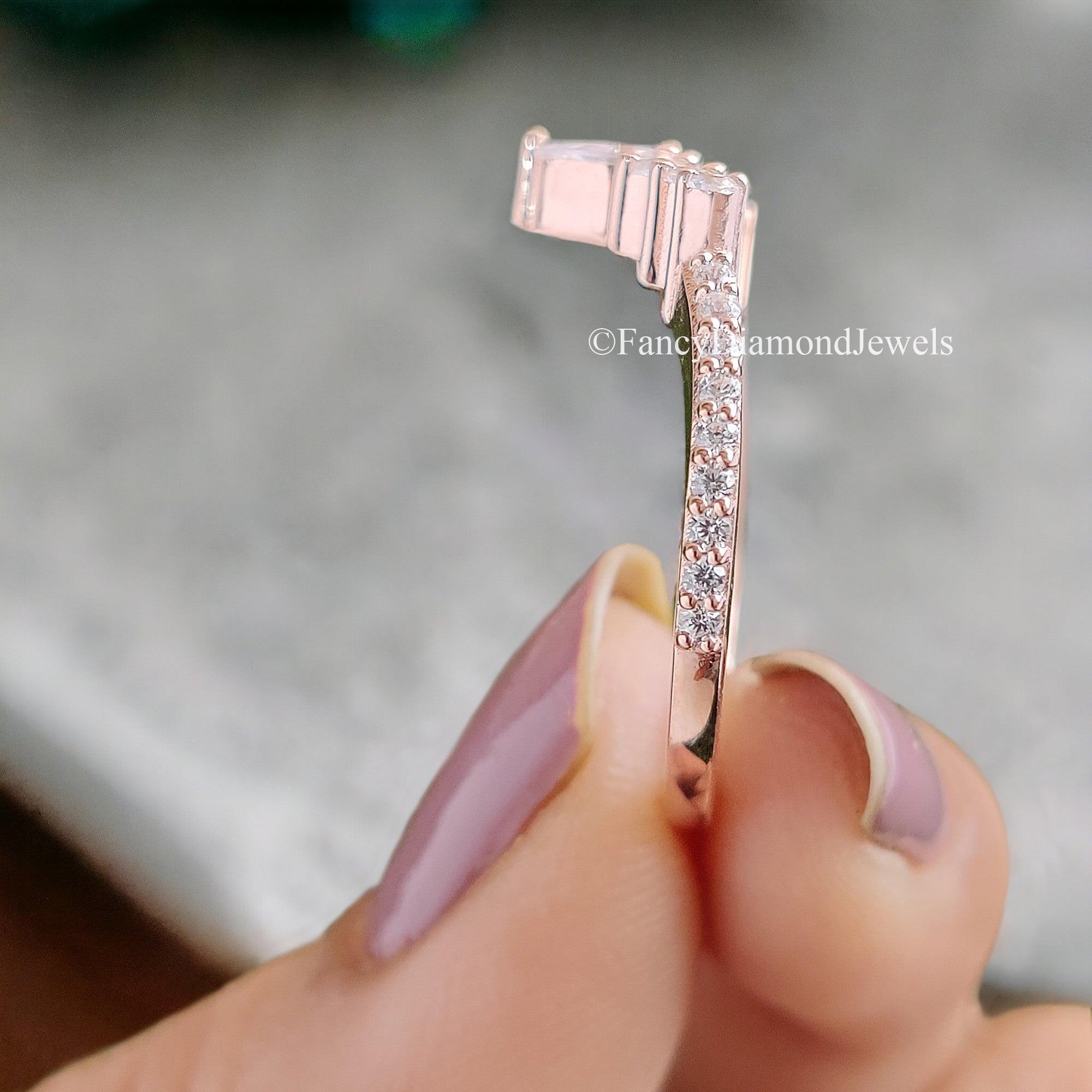 Curved wedding band Antique Pear cut Moissanite ring Rose Gold Unique Matching ring Half eternity Anniversary Stacking dainty band FD63