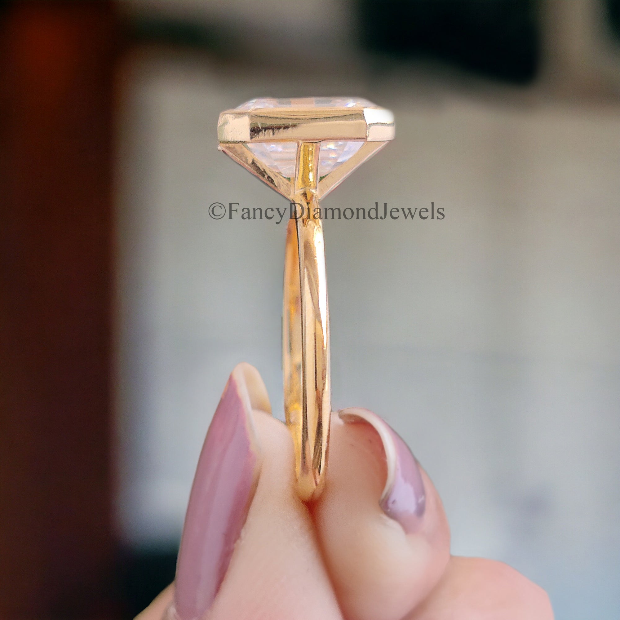 2.5 CT Emerald Cut Moissanite Solitaire Ring 14K Yellow Gold Engagement Ring Bezel Setting Statement Ring Gift For Her Anniversary Ring FD48