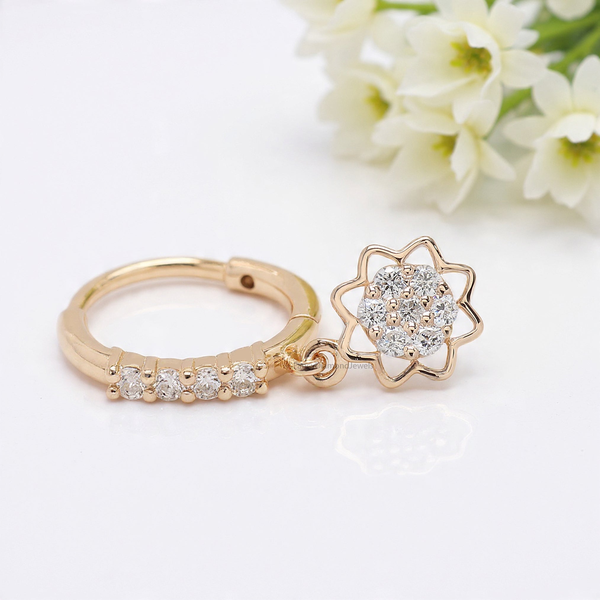 Flower Nose Ring With Diamond Dangling Nose Studs Moissanite Diamond Nose Hoop Nose Stud Rose Gold Nose Ring Diamond Nose Stud Hoop FD492