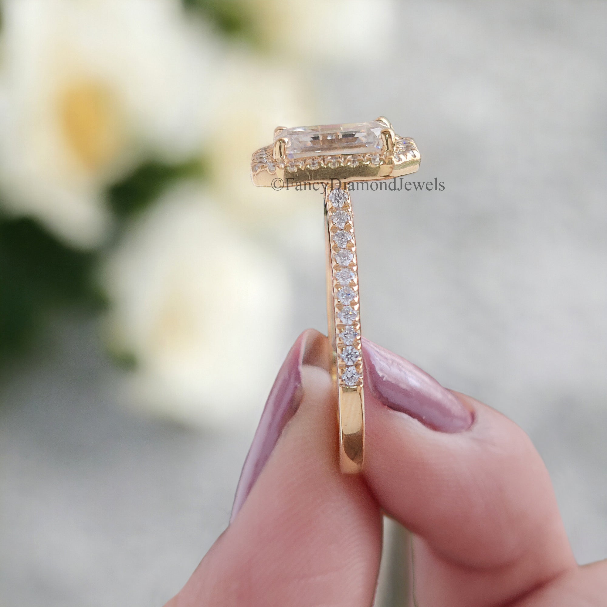 1.5 CT Emerald Cut Moissanite Solitaire Ring 14K Yellow Gold Engagement Ring Halo Setting Statement Ring Gift For Her Anniversary Ring FD89