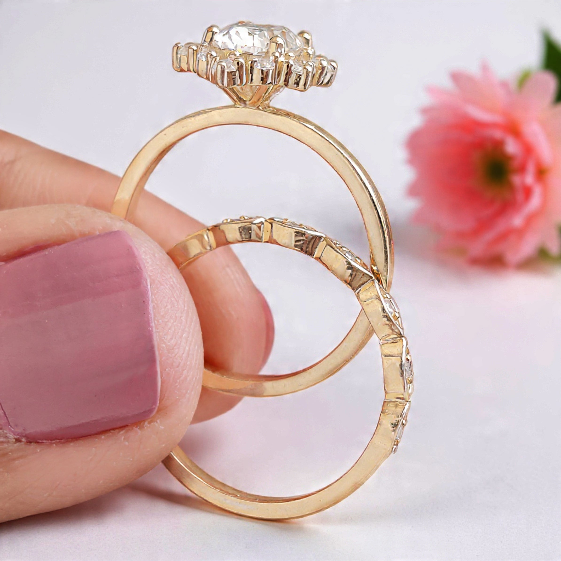 Oval Cut Lab Grown Diamond Engagement Ring Set 0.80 CT Colorless Oval Halo Set Wedding Ring For Women Anniversary Bridal Ring Set FD271