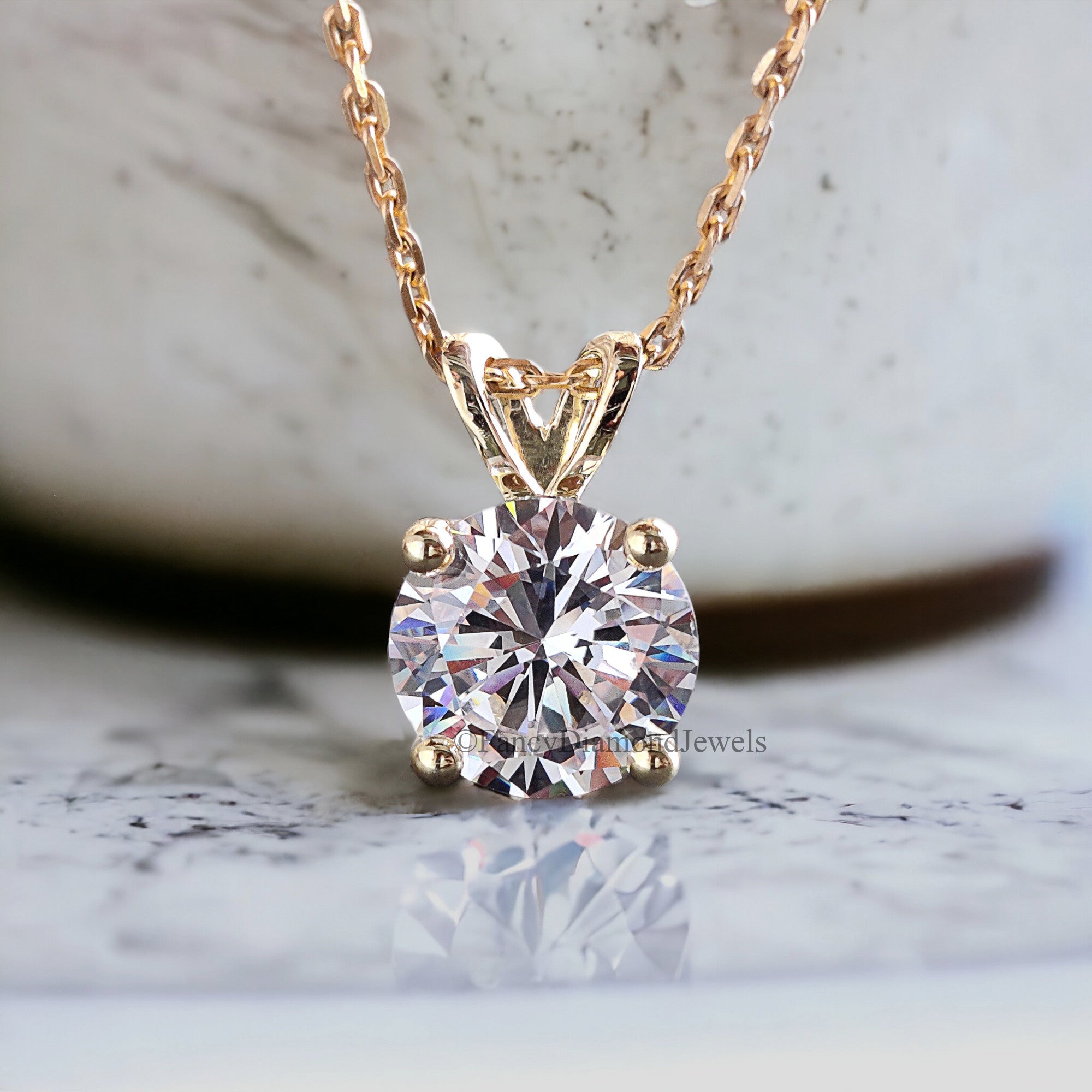 Round Brilliant Cut CZ Diamond Simulant Pendant Yellow Silver handmade jewelry Four Round Shape prong basket set Necklace With Chain FD273