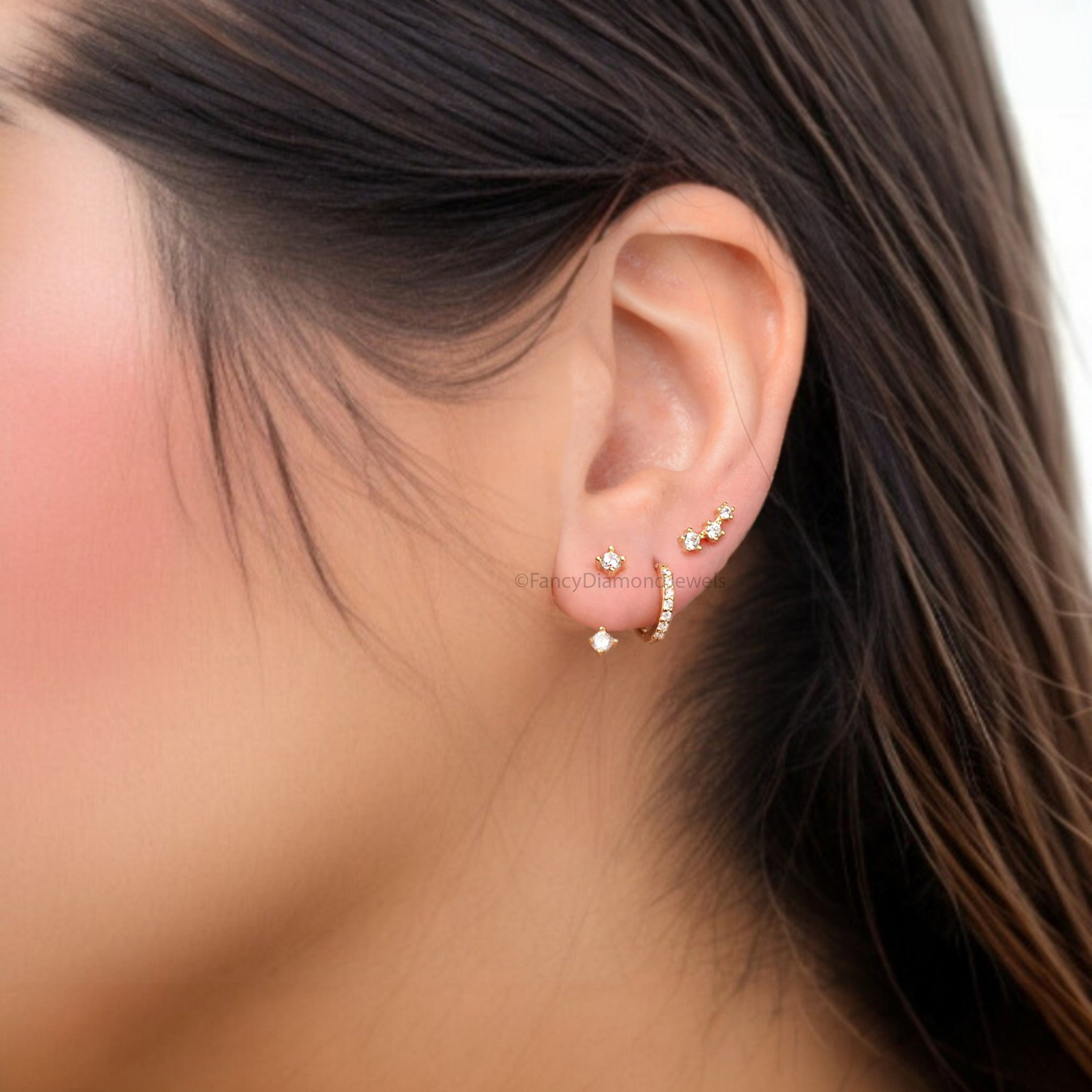 Front Back Earring Set ear jacket Round Brilliant Cut Colorless Moissanite Gold Ear Cuff jacket earrings minimal earring Gold Ear Wrap FD327