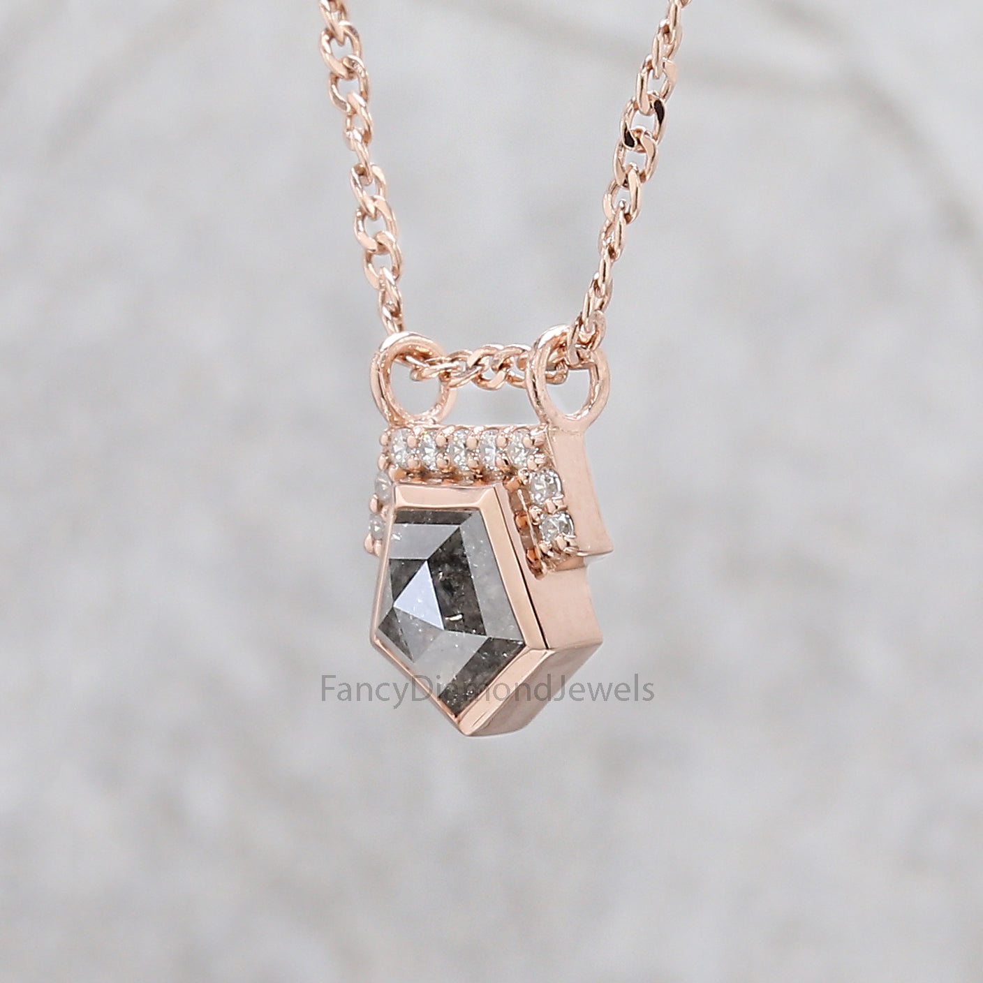 Pentagon Cut Salt And Pepper Diamond Pendant 1.31 Ct 6.75 MM Pentagon Shape Diamond Pendant 14K Rose Gold Silver Engagement Pendant QN521