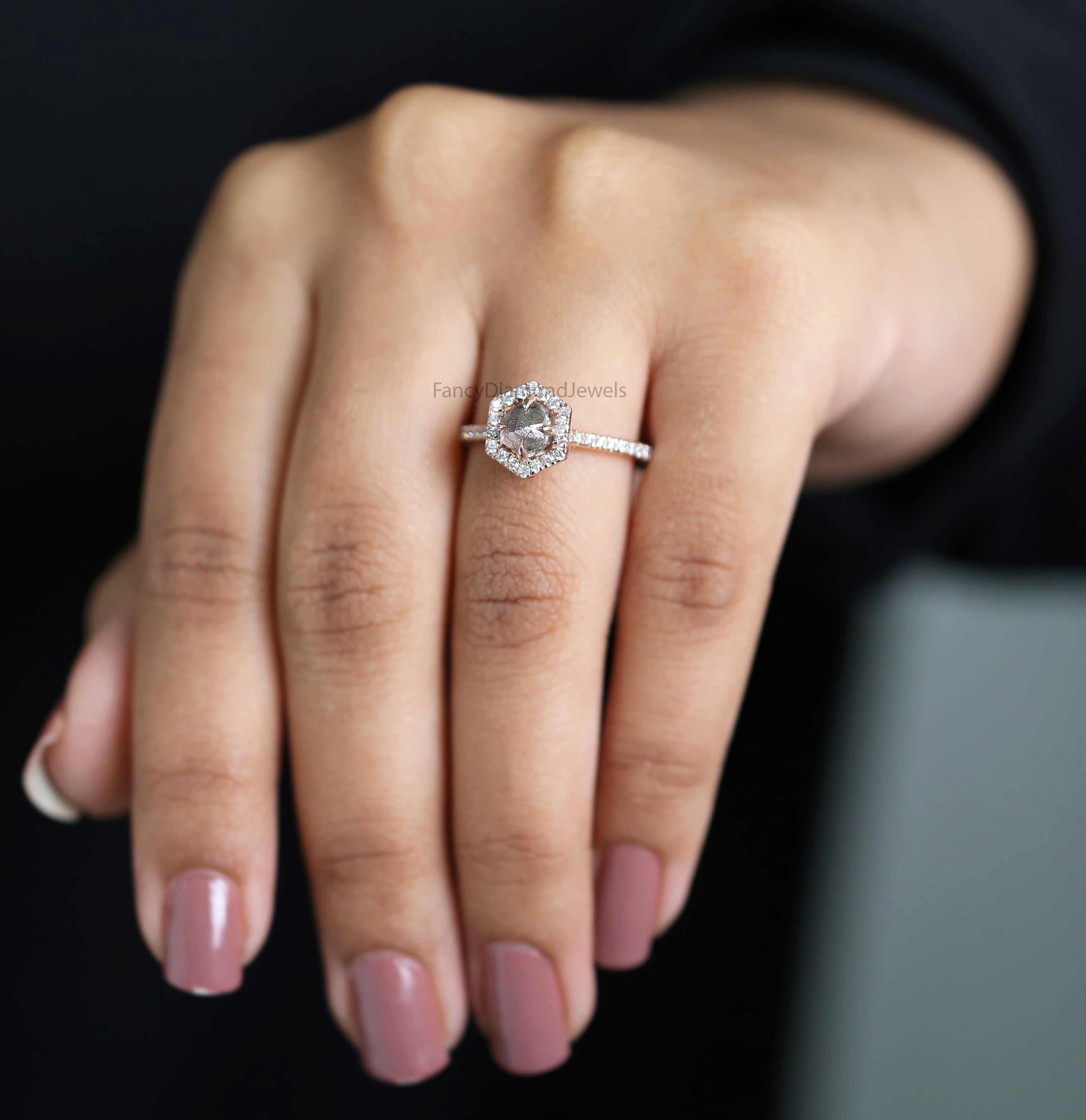 1.15 Ct Natural Rough Salt And Pepper Diamond Ring 6.00 MM Rough Diamond Ring 14K Solid Rose Gold Silver Engagement Ring Halo Ring QN2523