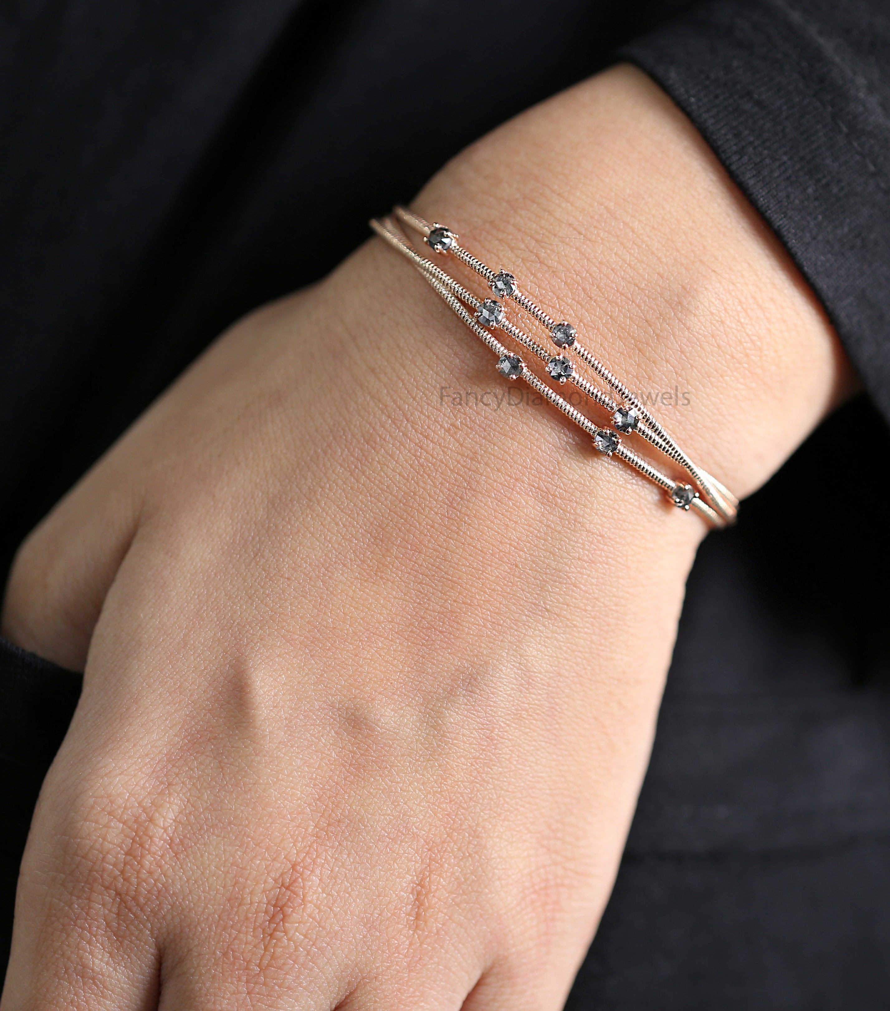 Rose Cut Salt And Pepper Diamond Bracelet, Round Shape Diamond Anniversary Gift Bracelet, Gold Bracelet, Round Cut Diamond Bracelet KDK2670