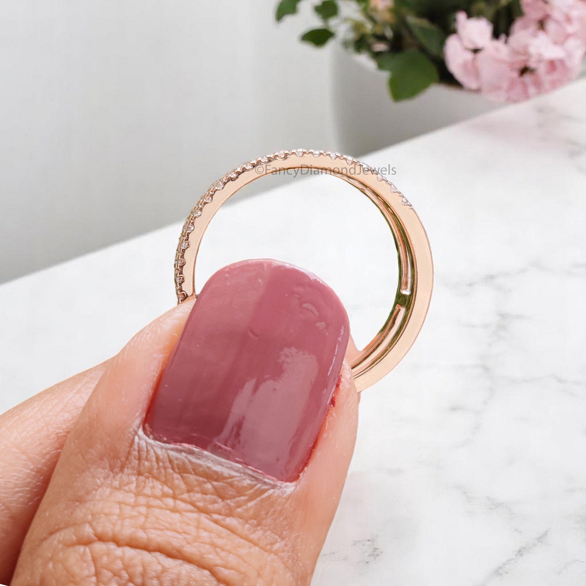 Round Cut Double Diamond Wedding Band Silver/10K/14K/18K Band Half Eternity Minimalist Ring stacking dainty matching anniversary ring KD898