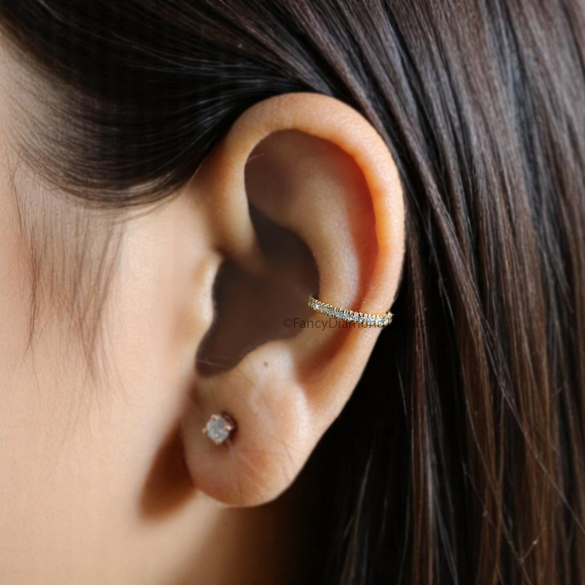 Round Brilliant Cut Colorless Moissanite Diamond Ear Cuff Dainty Ear Cuff Halo Set Sterling Silver Helix Piercing Yellow Gold Ear Wrap FD366