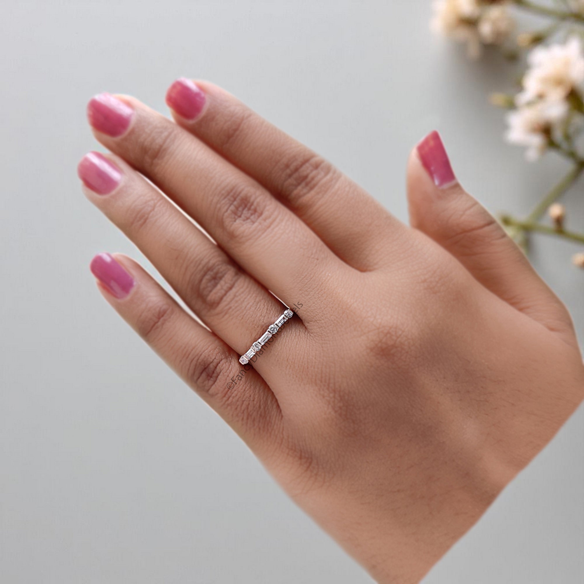 Baguette And Round Diamond Wedding Band Silver/10K/14K/18K Gold Half Eternity Minimalist stacking dainty matching anniversary ring KD893