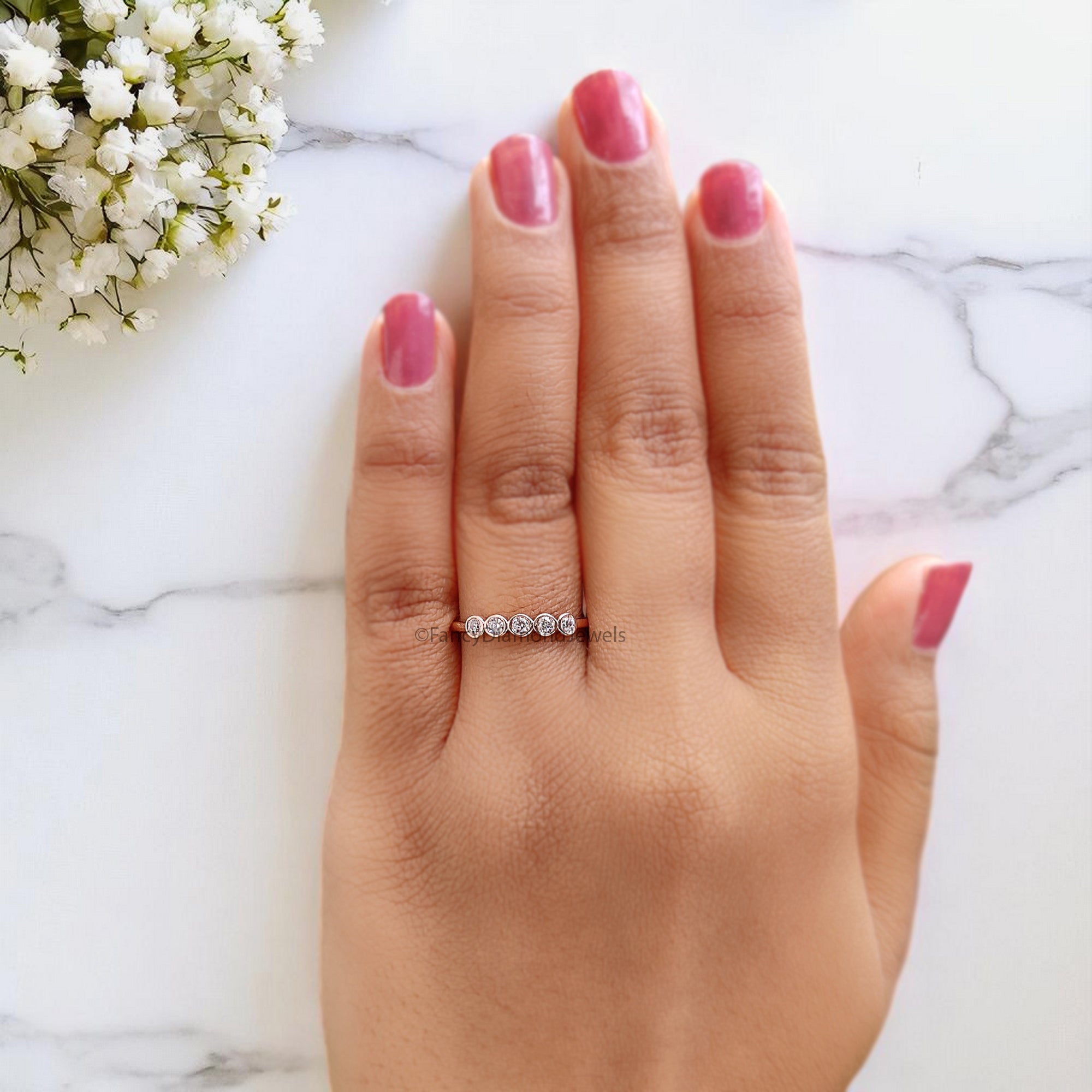 Bezel Set 5 Moissanite Diamond Wedding Band Silver/10K/14K/18K Gold Half Eternity Minimalist stacking dainty matching anniversary ring KD890