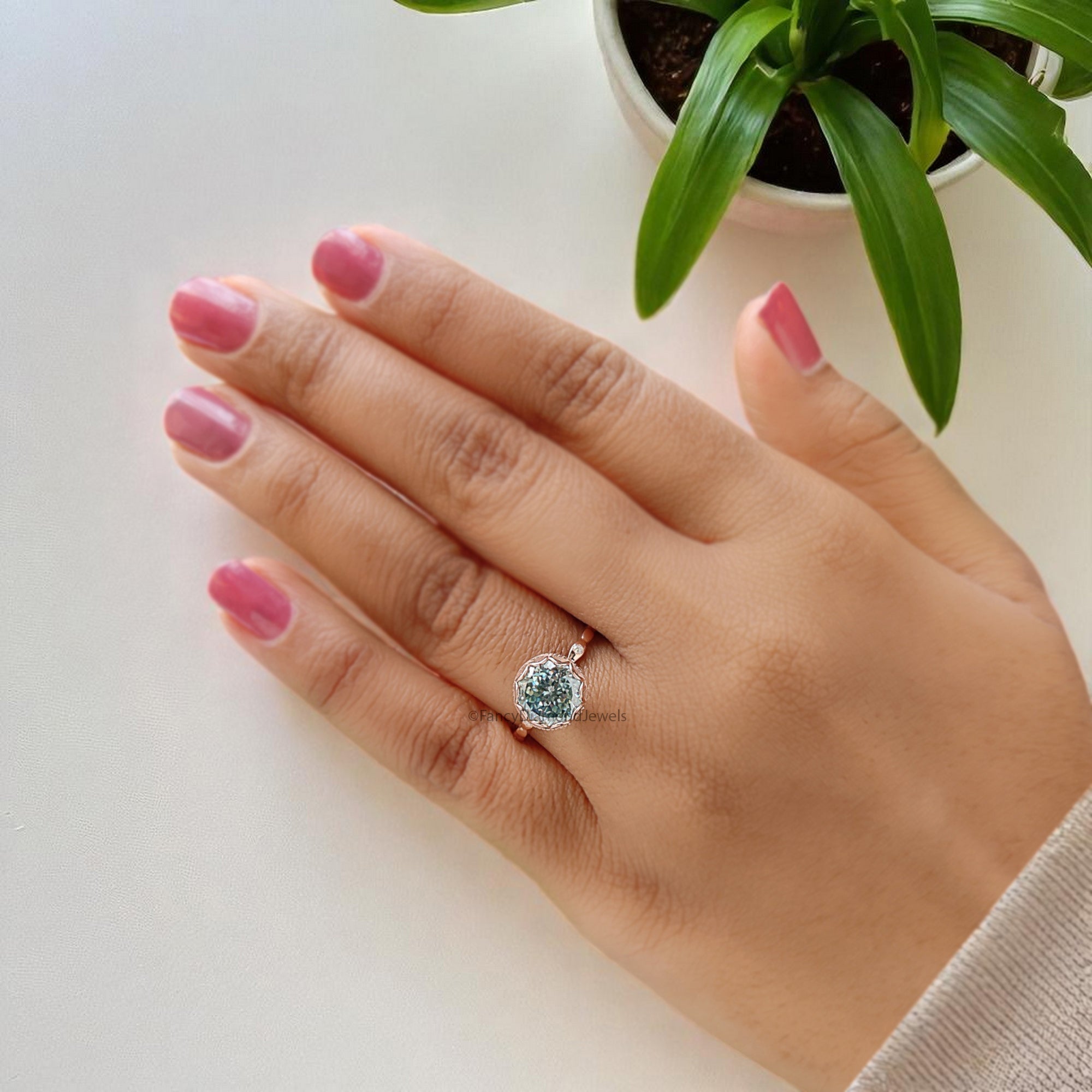 Portuguese Round Shape Blue Moissanite Engagement Ring Bezel Set Rose Gold Vintage Ring Anniversary Ring Gift For Her Wedding Ring FD382