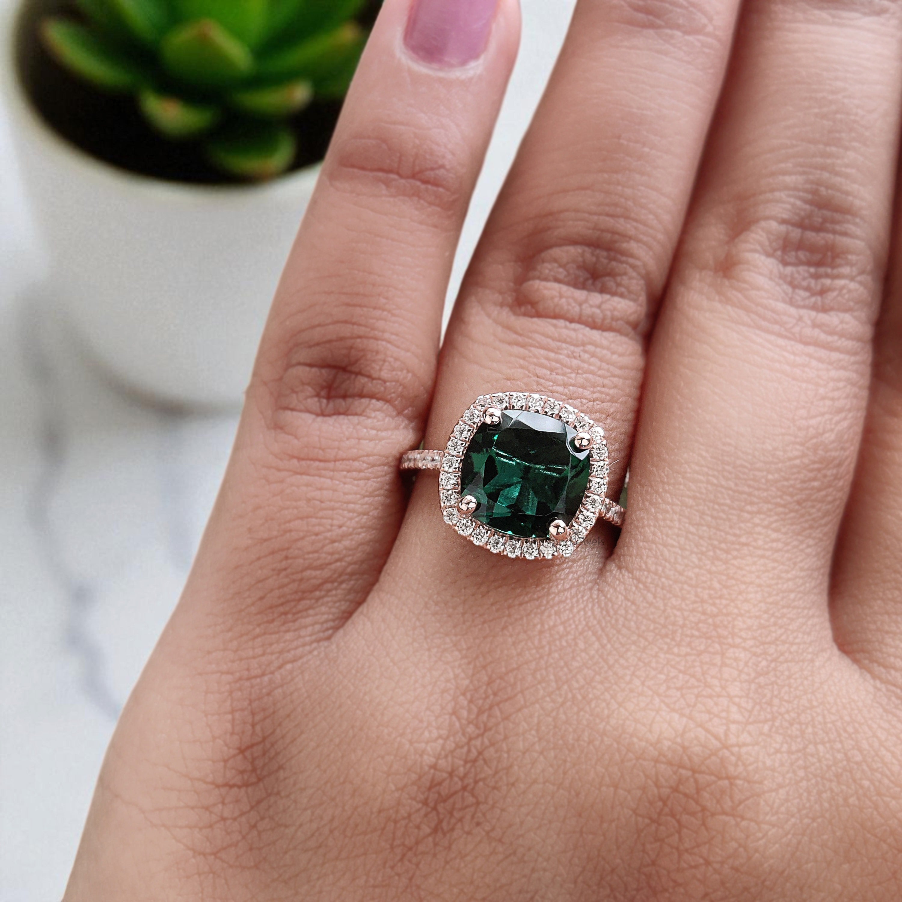 2.60 CT Cushion Cut Green Emerald Engagement Ring Rose Gold Ring Cushion Wedding Ring Unique Art Deco Vintage Halo Ring Gift For Her FD422