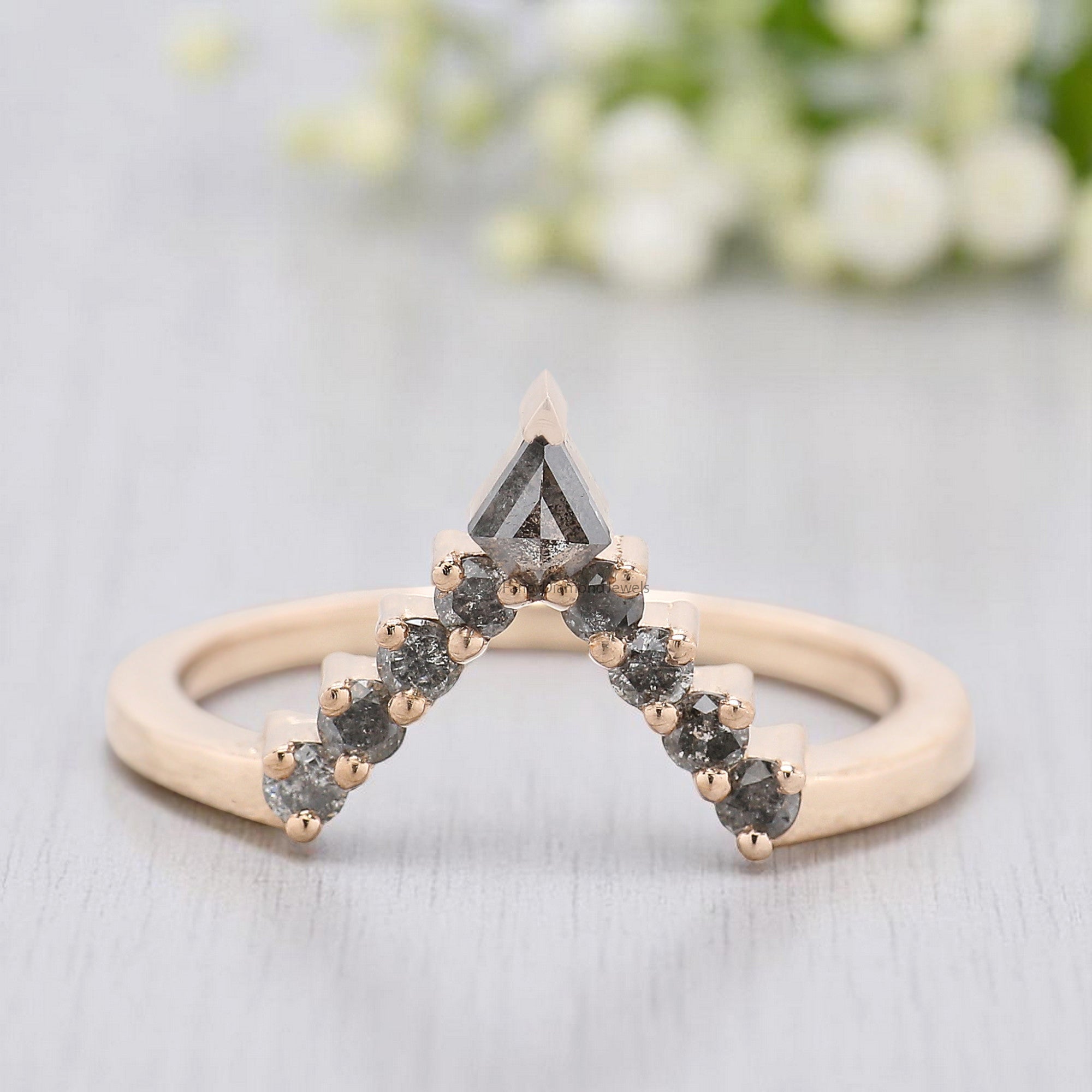 Salt And Pepper 0.32 TW Diamond Wedding Band Deep V Shape Band Silver/10K/14K/18K Gold Half Eternity anniversary Ring Gift For Her KD839