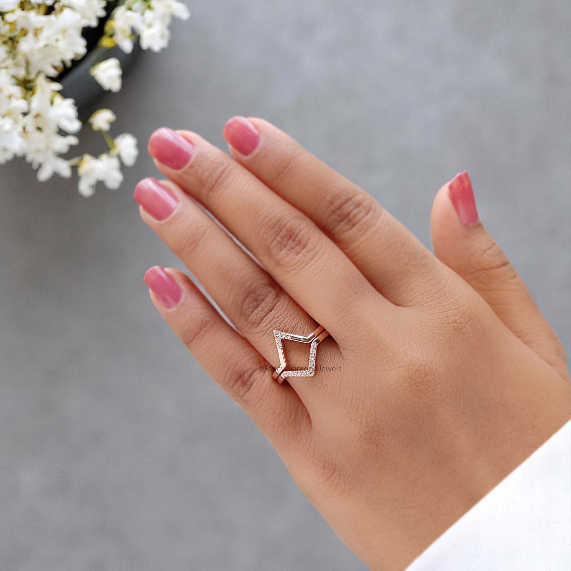 Geometric Design 0.11 CT Diamond Wedding Band Rose Gold Silver/10K/14K/18K Engagement Band Stacking Dainty Matching Anniversary Ring KD844