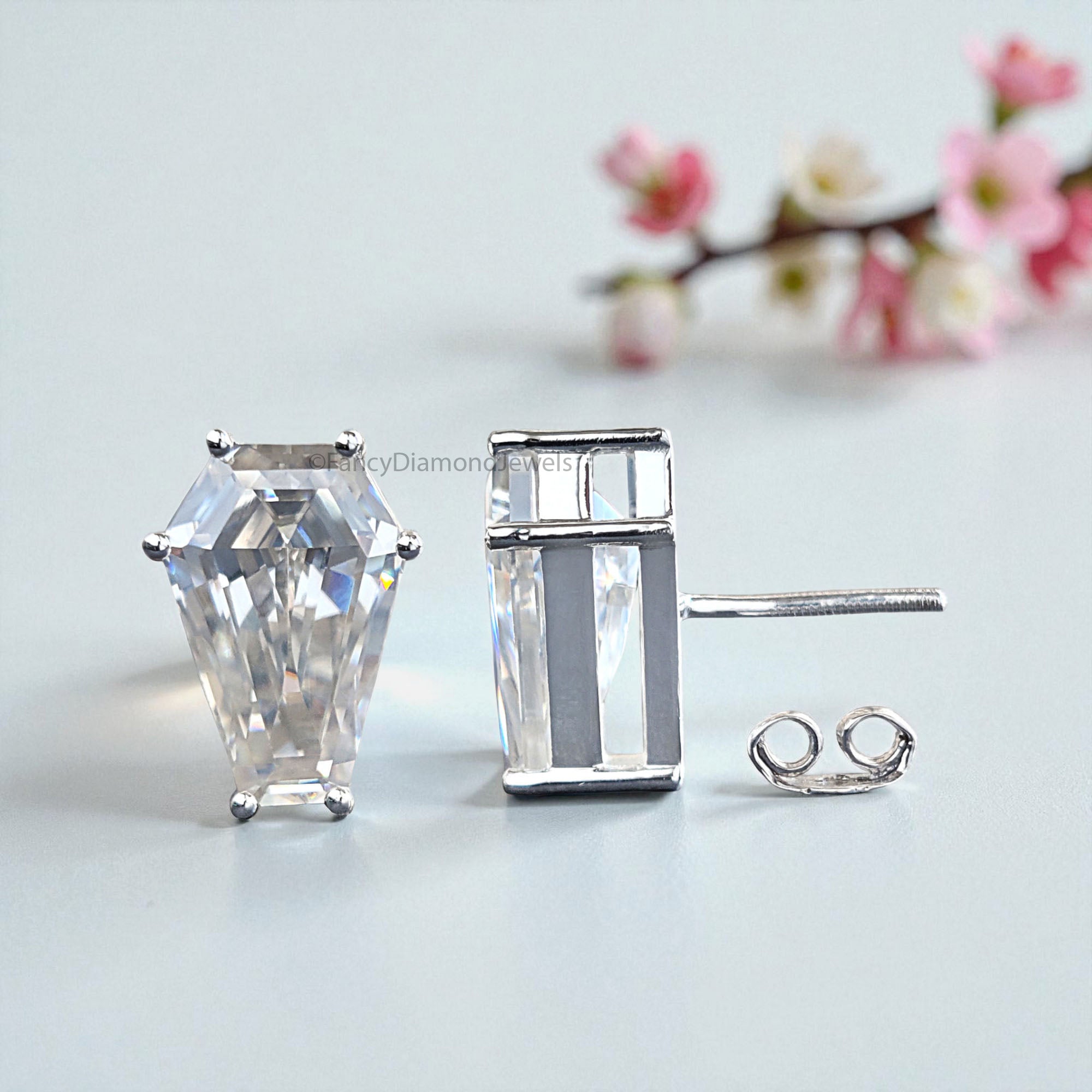 Moissanite Diamond Stud Earrings Coffin Cut Moissanite Earrings 8.35 TW Colorless Moissanite Screw Back Earrings Gift for Women FD59