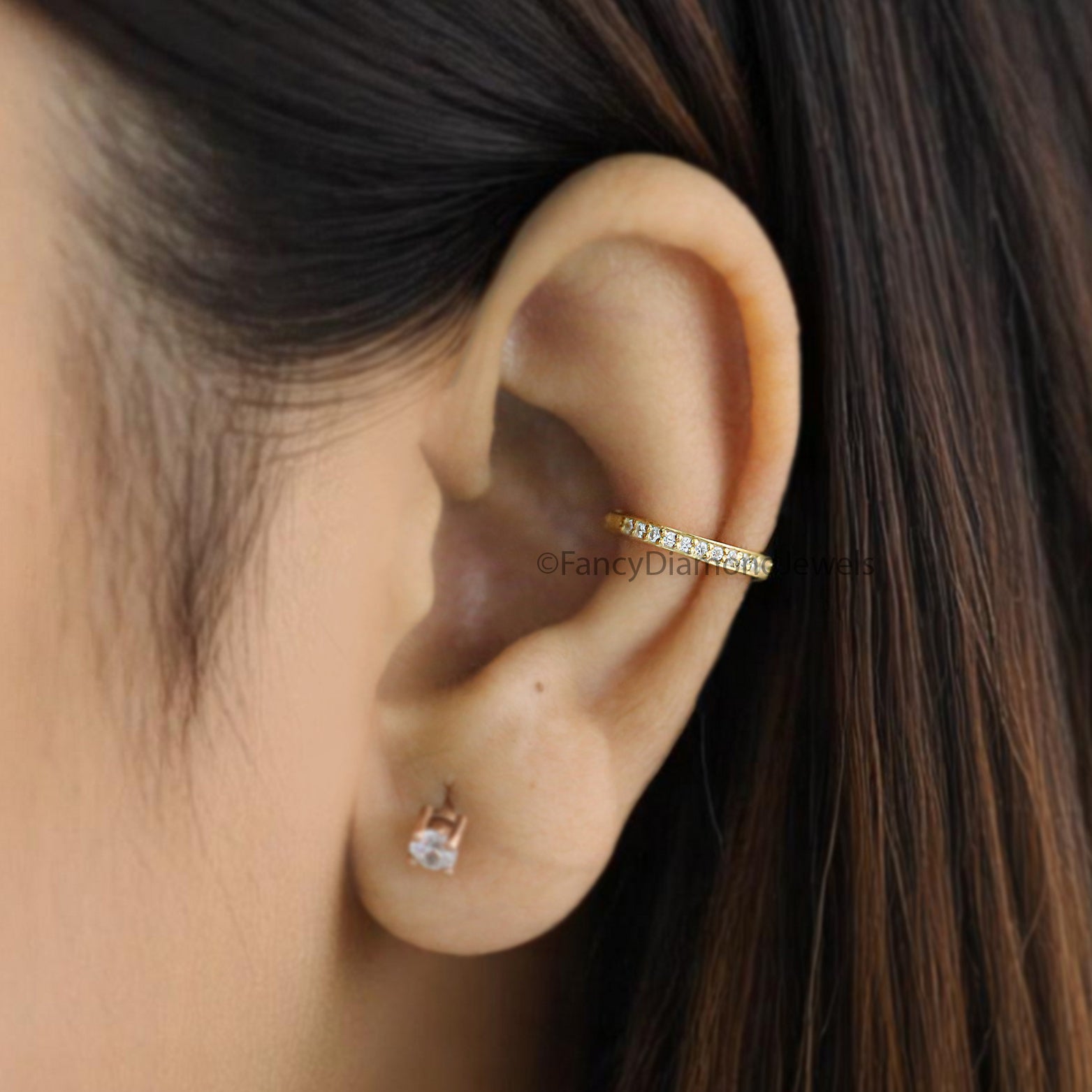 Round Brilliant Cut Colorless Moissanite Diamond Ear Cuff Dainty Ear Cuff Pave Set Sterling Silver Helix Piercing Yellow Gold Ear Wrap FD350