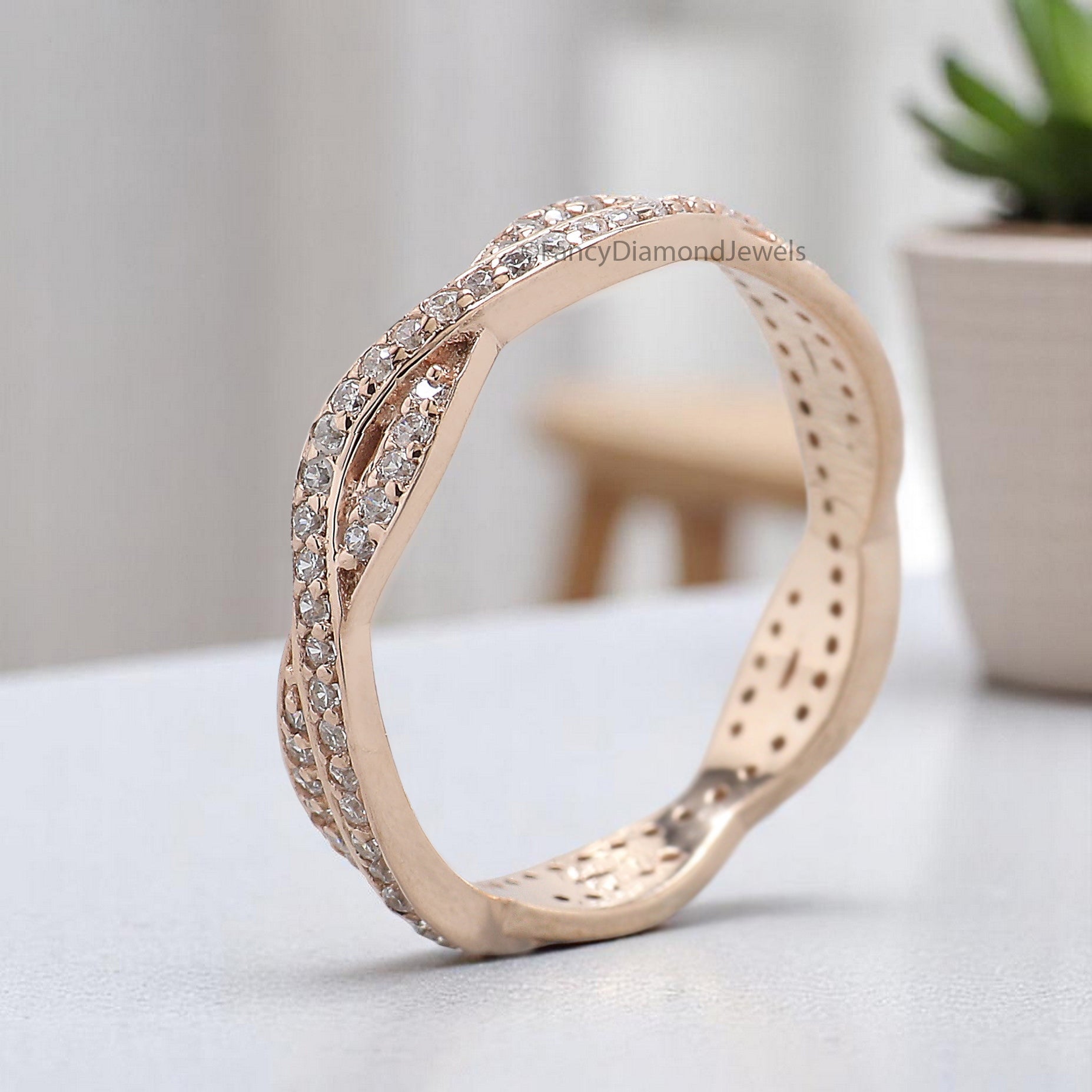 Twisted Wedding Band 1.00 MM Diamond Band Full Eternity Minimalist Ring Cross Band Ring anniversary ring Silver/10K/14K/18K Gold Band KD912