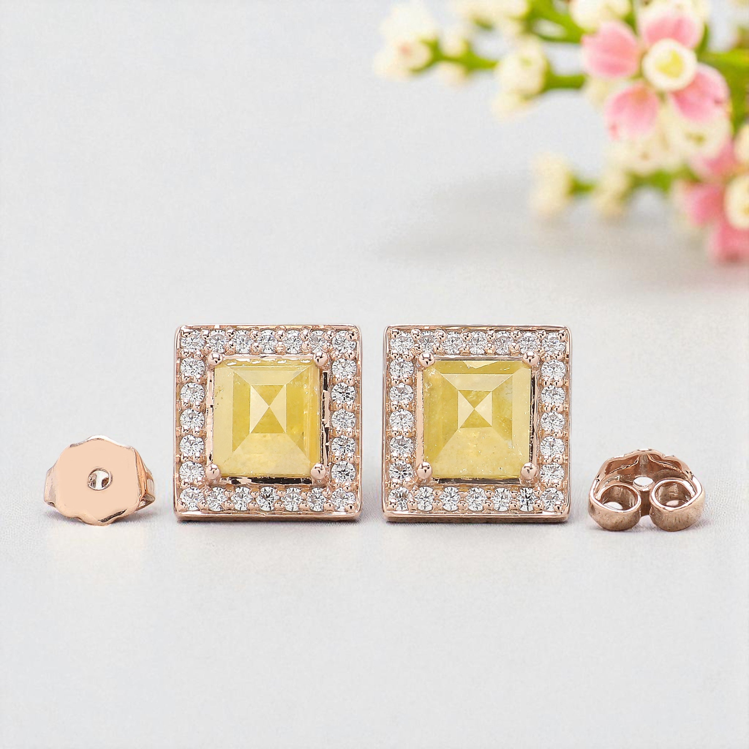 Rectangle Yellow Color Diamond Earring 2.37 Ct 8.30 MM Rectangle Diamond Earring 14K Solid Rose Gold Silver Earring Gift For Her KDN7986