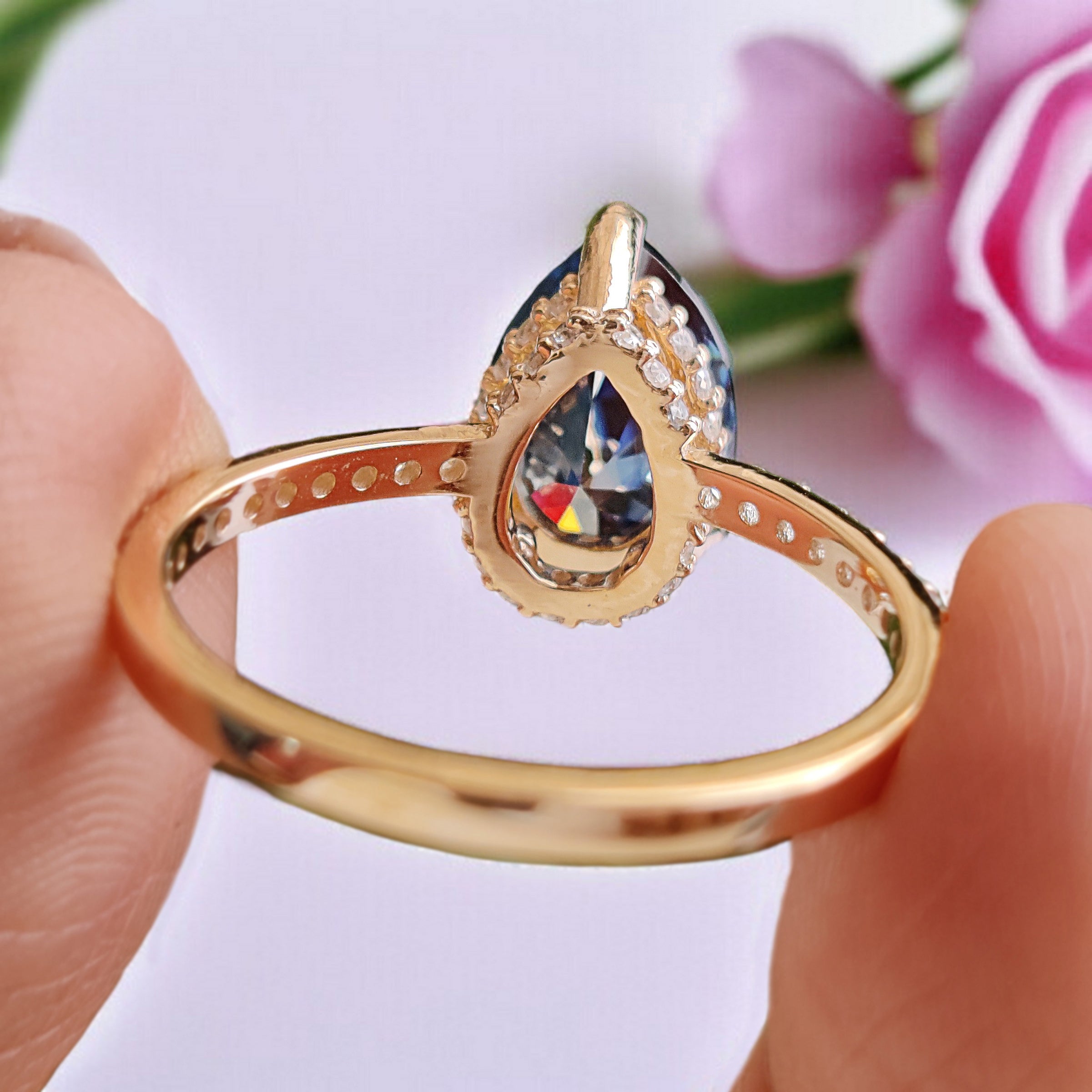 Pear Royal Blue Moissanite Ring Hidden Halo Engagement Ring 2.15 TW Pear Shaped Moissanite Best Proposal Ring Anniversary Gift Ring FD464