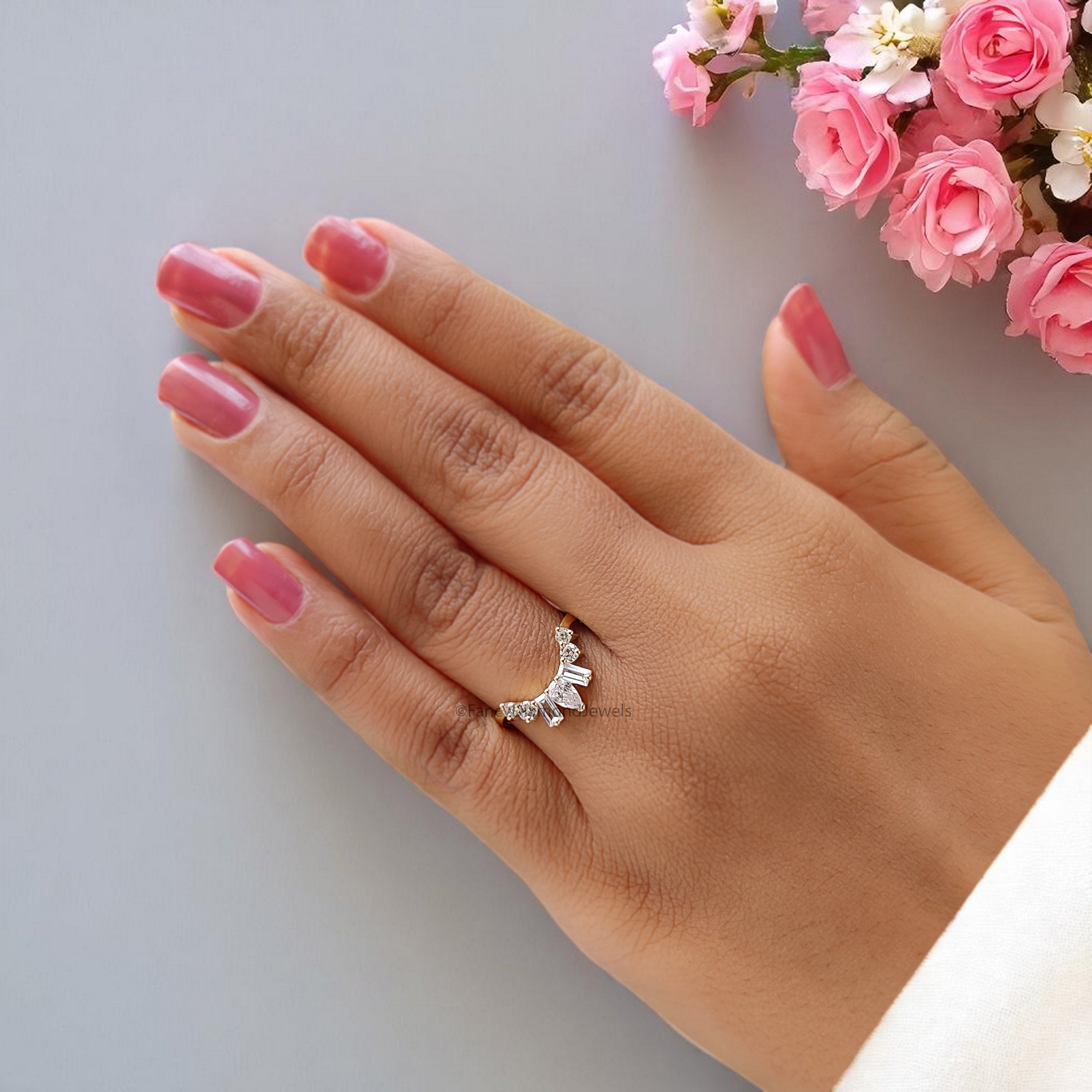 Natural White Diamond Curved Wedding Band 0.57 TW Silver/10K/14K/18K Gold Band Minimalist stacking dainty matching Band Gift For Her FD378