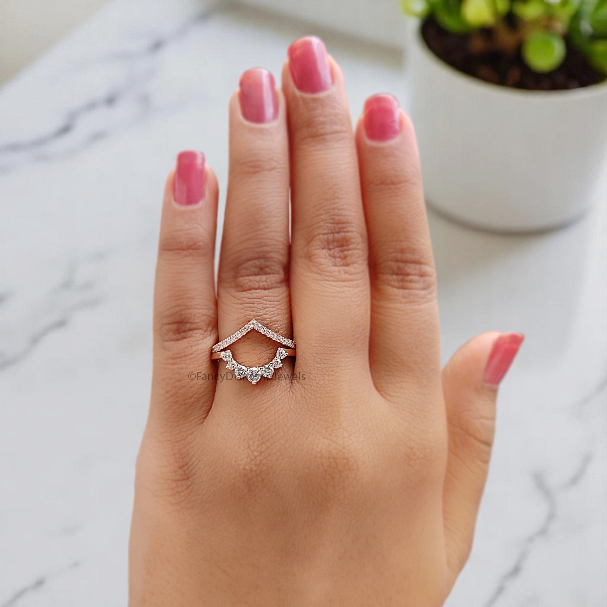 Double Banded Wedding Ring 0.56 TW Round Diamond Band V Shaped Silver/10K/14K/18K Band Half Eternity Engagement Band Anniversary Ring FD371