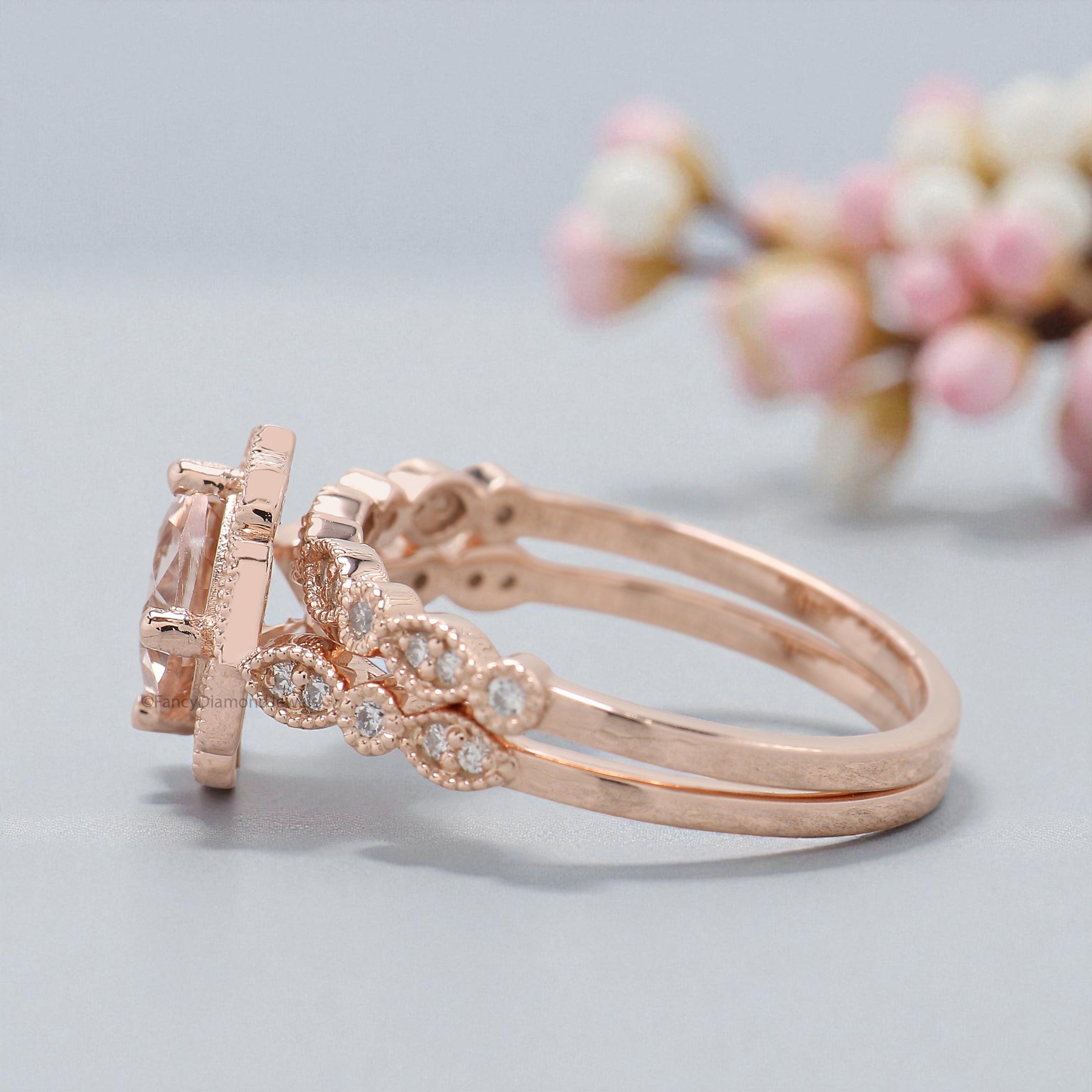 1.00 CT Cushion Cut Natural Morganite Engagement Ring Set Rose Gold Ring Round Diamond Wedding Ring Unique Halo Ring Gift For Her FD451