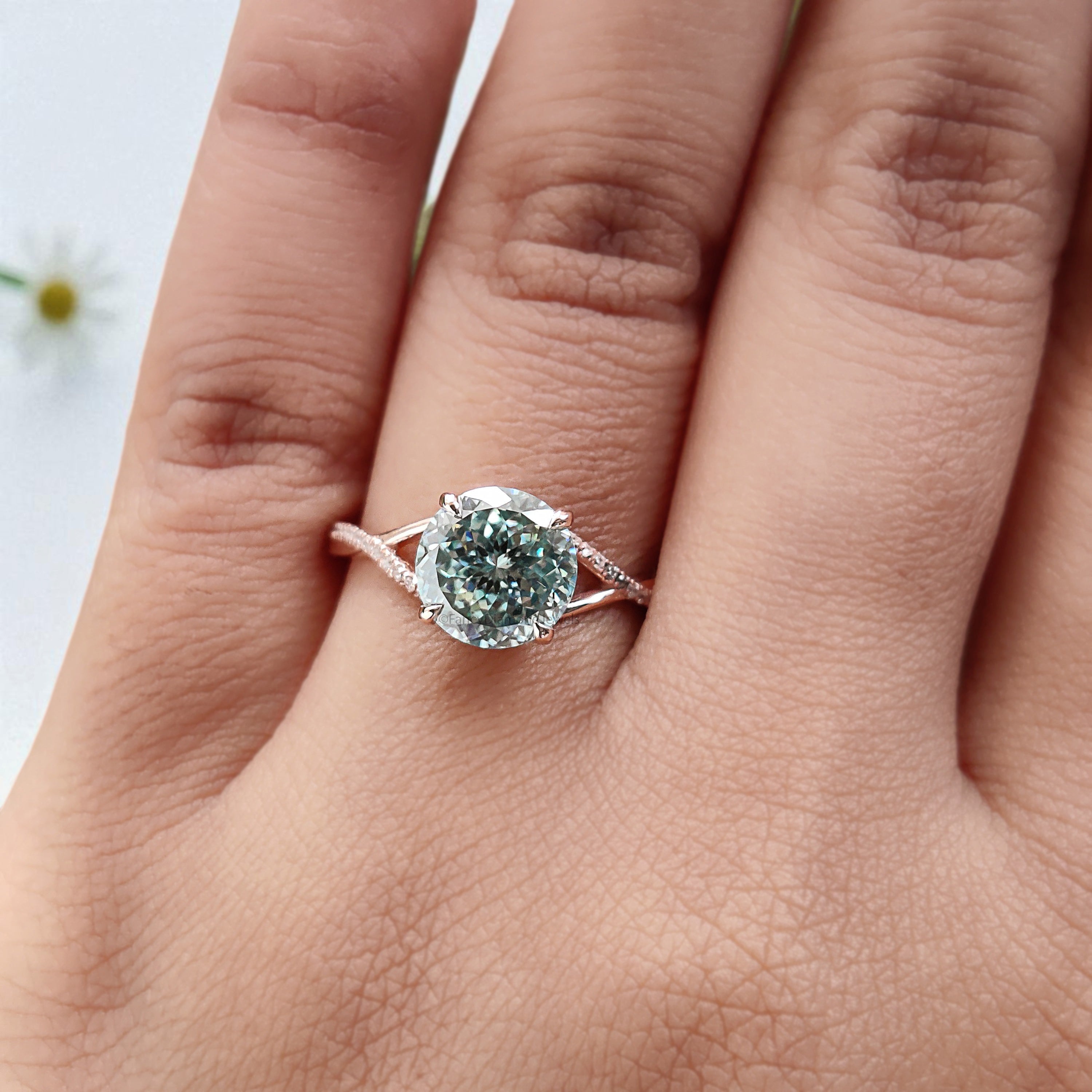 Round Portuguese Cut Aqua Blue Green Moissanite Engagement Ring Rose Gold Ring Vintage Ring Crossover Band Wedding Ring Gift For Her FD419