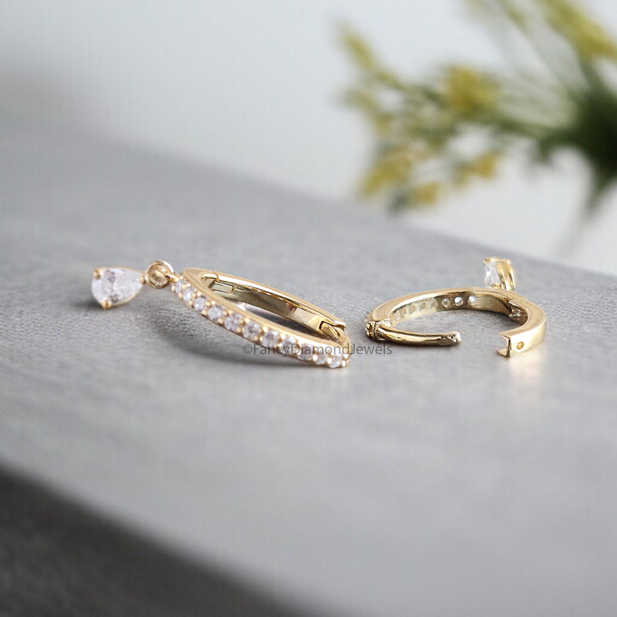 Pear Colorless Moissanite Earrings Huggie Hoop Dangle Earrings Bridal Earrings Yellow Gold Earrings Anniversary Gift For Women FD344