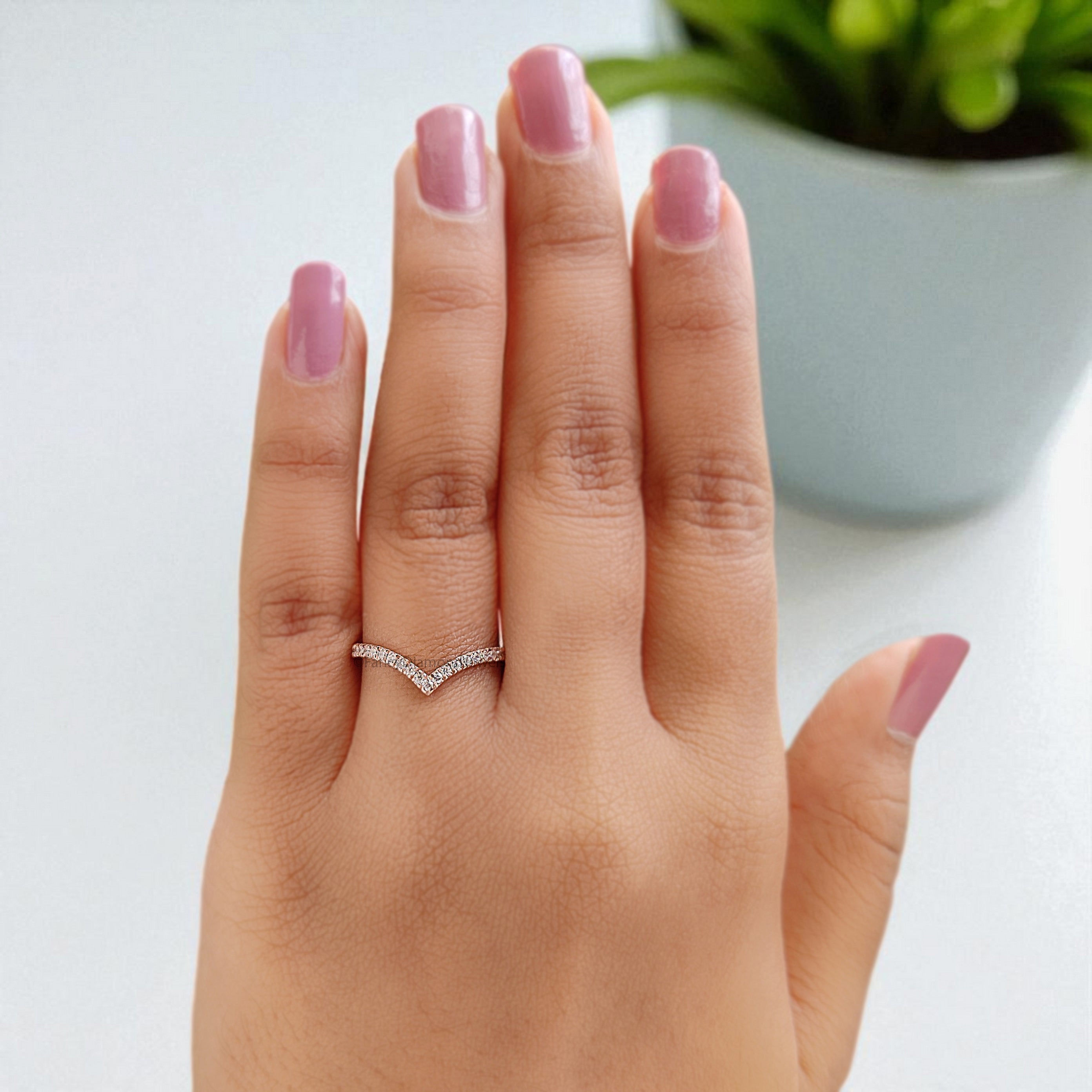 V Shaped Wedding Band 0.20 TW Round Diamond Band Rose Gold Silver/10K/14K/18K Gold Engagement Band Half Eternity Anniversary Ring KD261